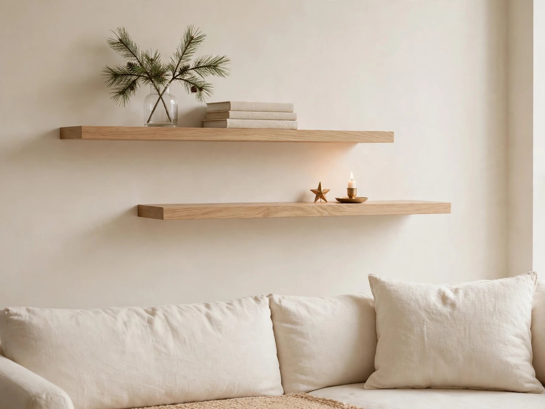 floating oak shelves styled with a winter vignette of pine sprigs books and a candle