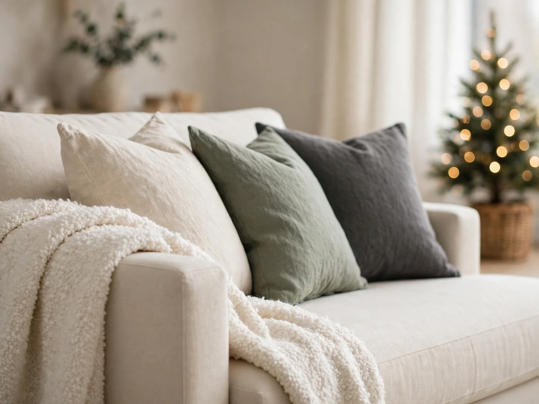 cream linen sofa with boucle throw and sage green cushions in a modern christmas living room