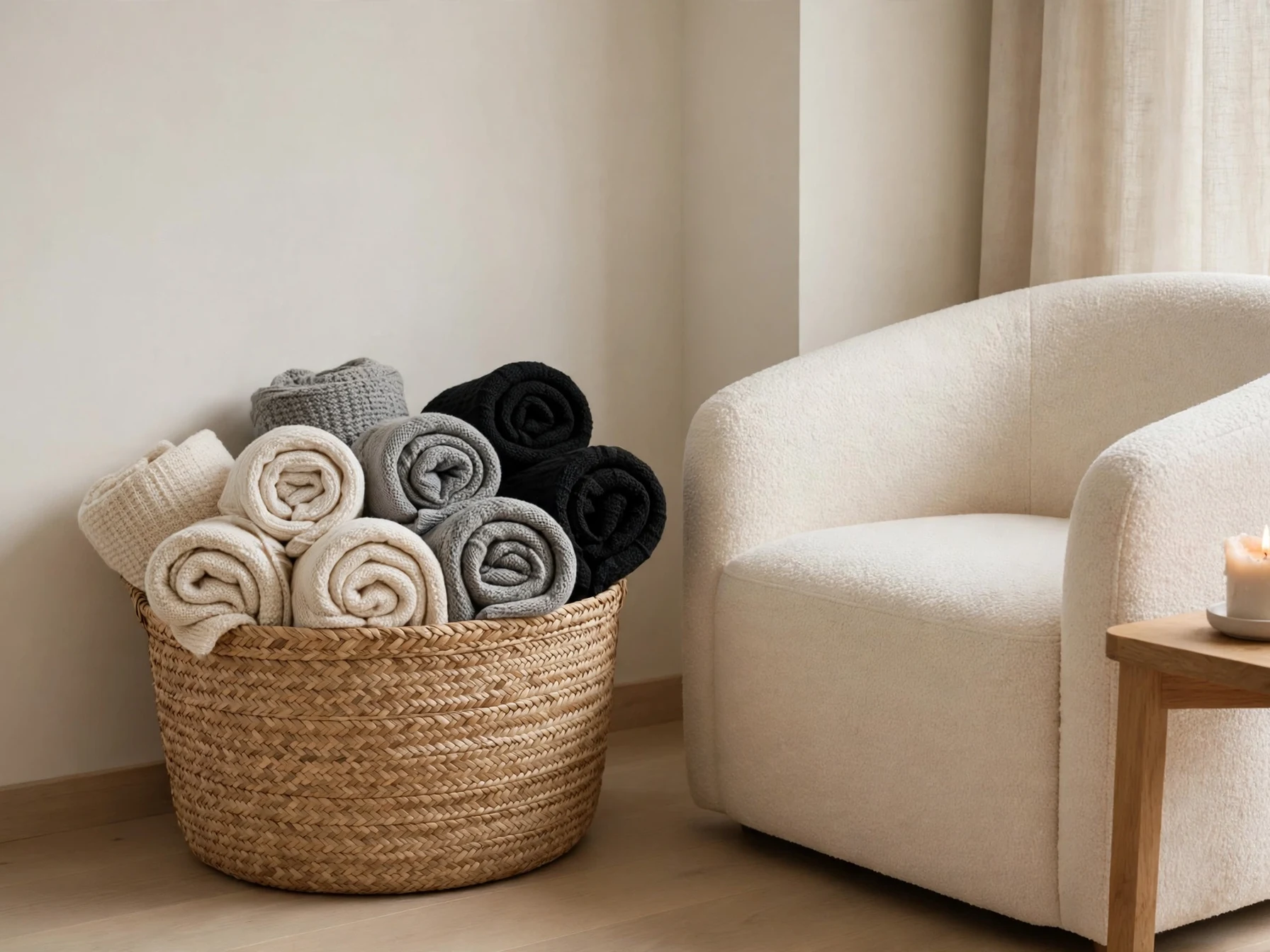 woven basket of monochrome knit blankets beside a cream armchair