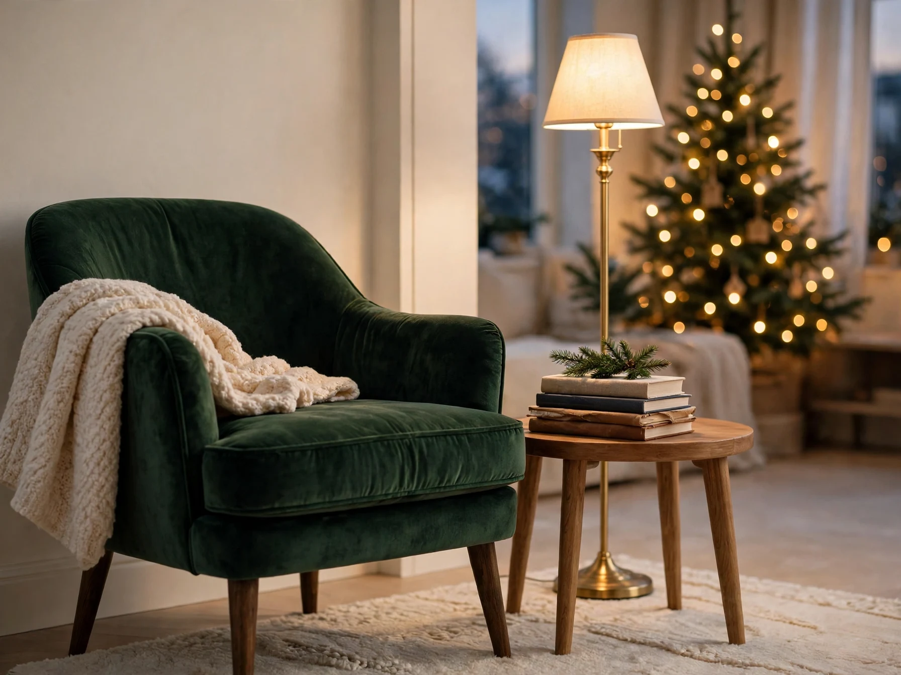 forest green velvet accent chair in a modern christmas living room reading nook