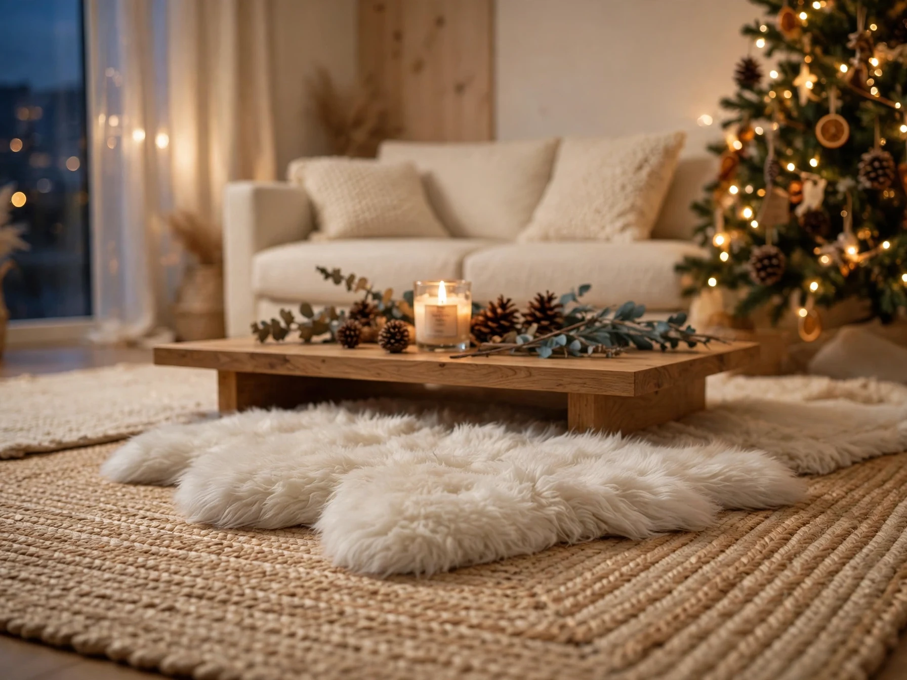 layered jute and faux fur rugs in front of a cream sofa in a modern living room