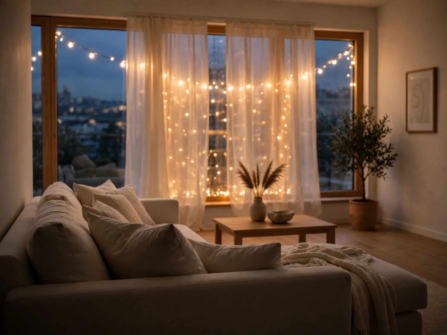 warm string lights glowing behind sheer curtains in a modern living room at dusk
