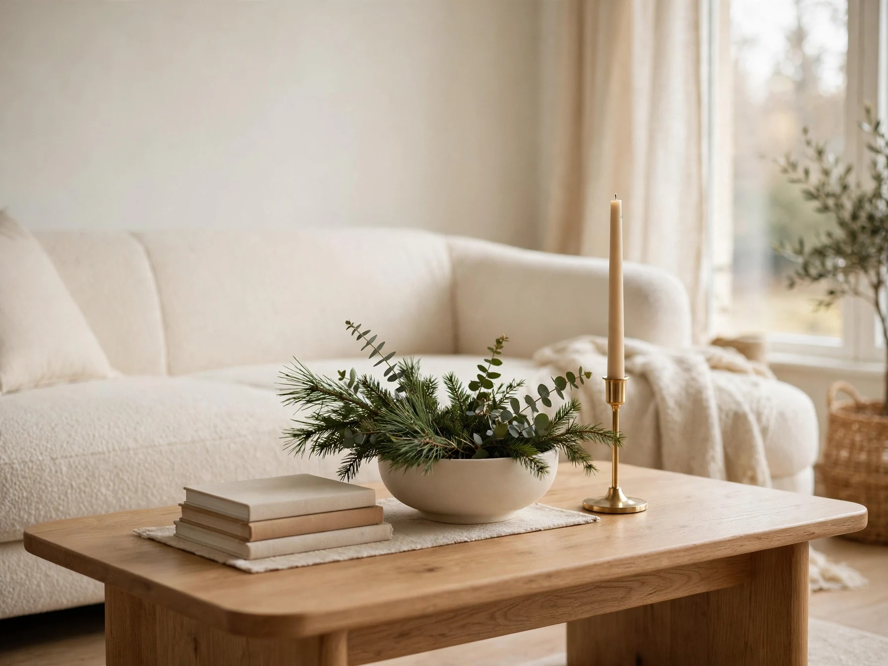 minimal coffee table centerpiece with ceramic bowl evergreen sprigs and a brass candle