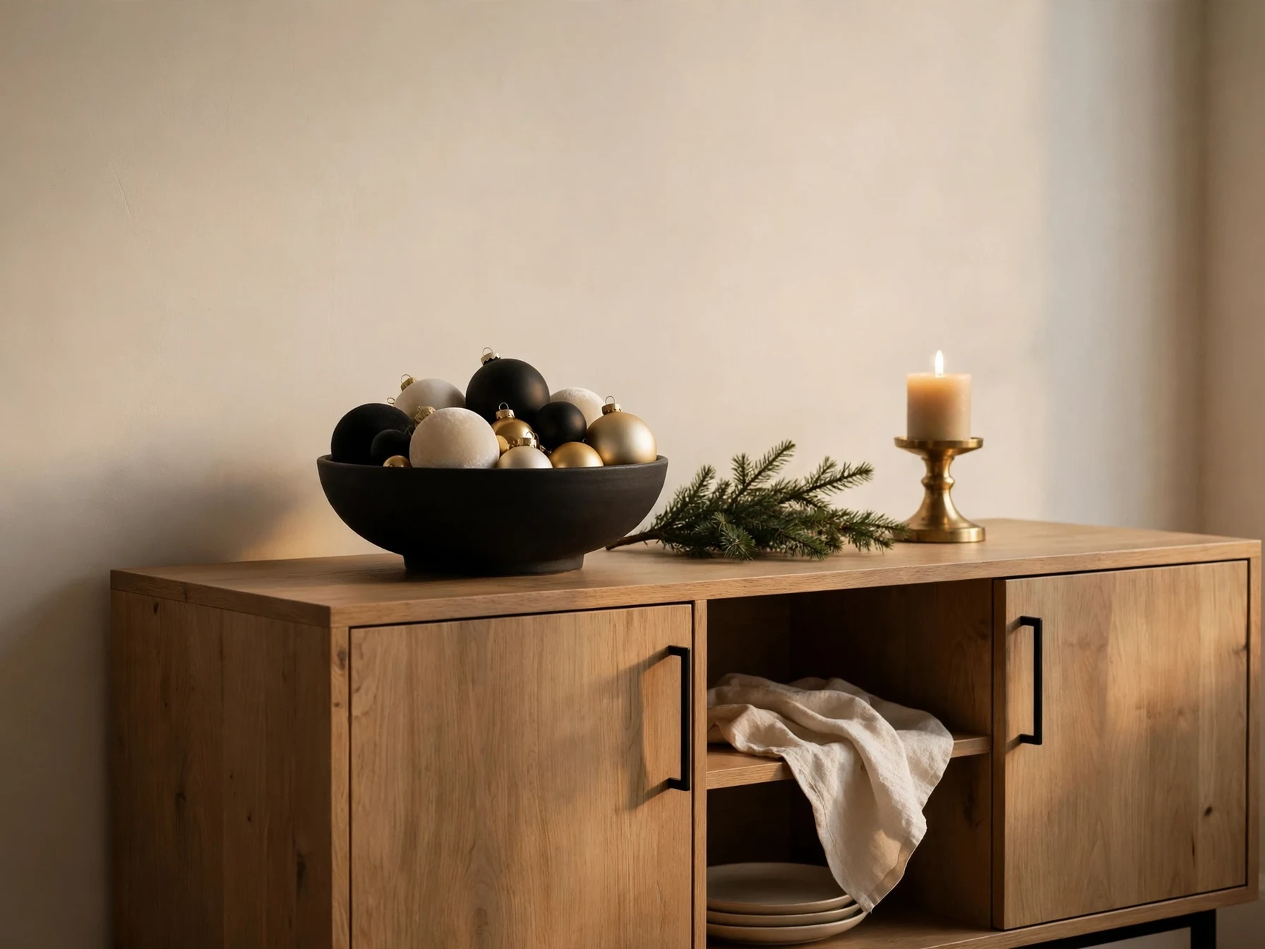 matte black bowl of black cream and gold ornaments on a modern sideboard