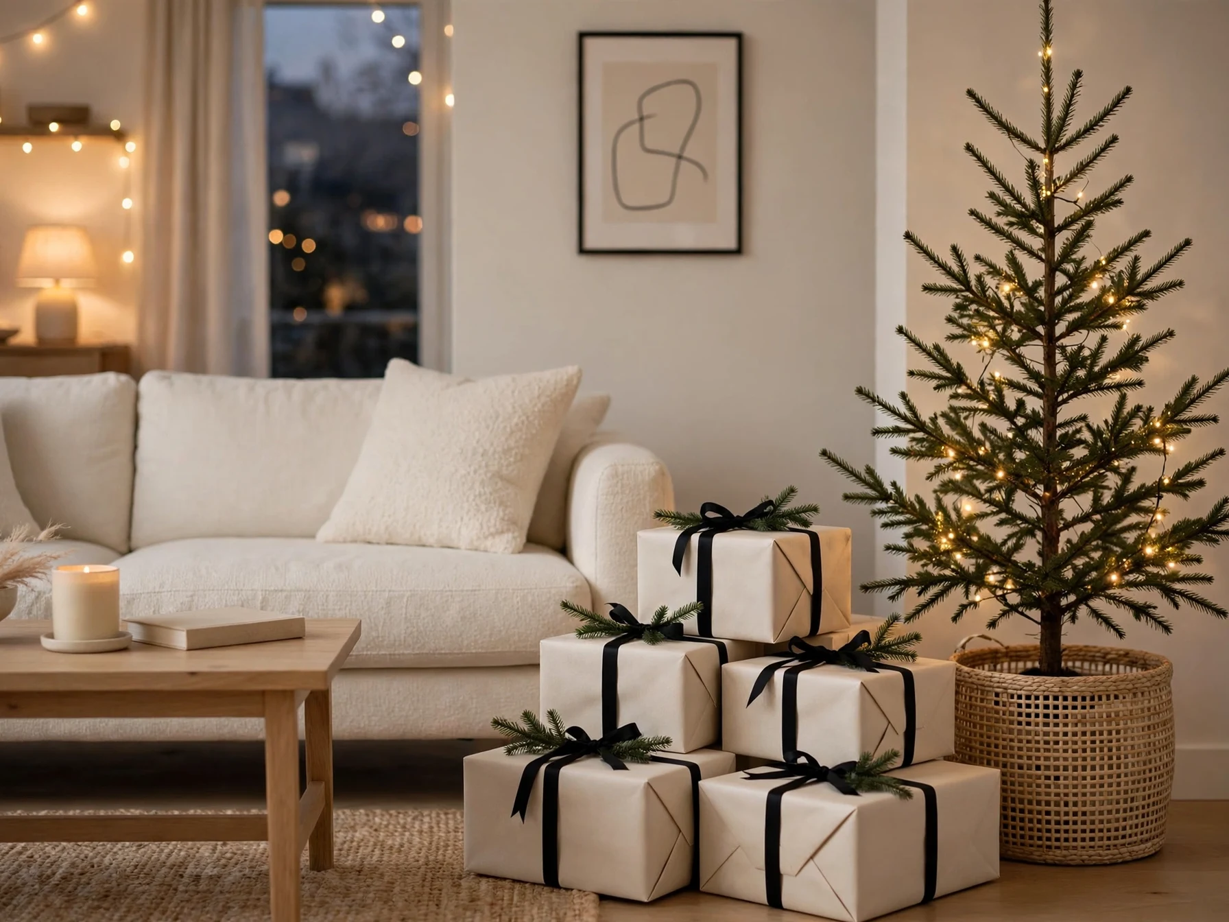 christmas gifts wrapped in cream paper with black ribbon under a slim tree