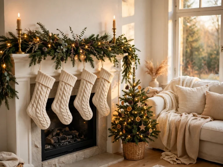 christmas mantel decor with evergreen garland stockings and candles in a cozy living room