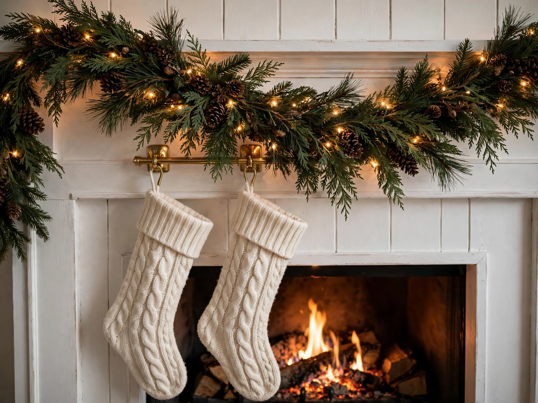 classic evergreen christmas garland with fairy lights on a white fireplace mantel