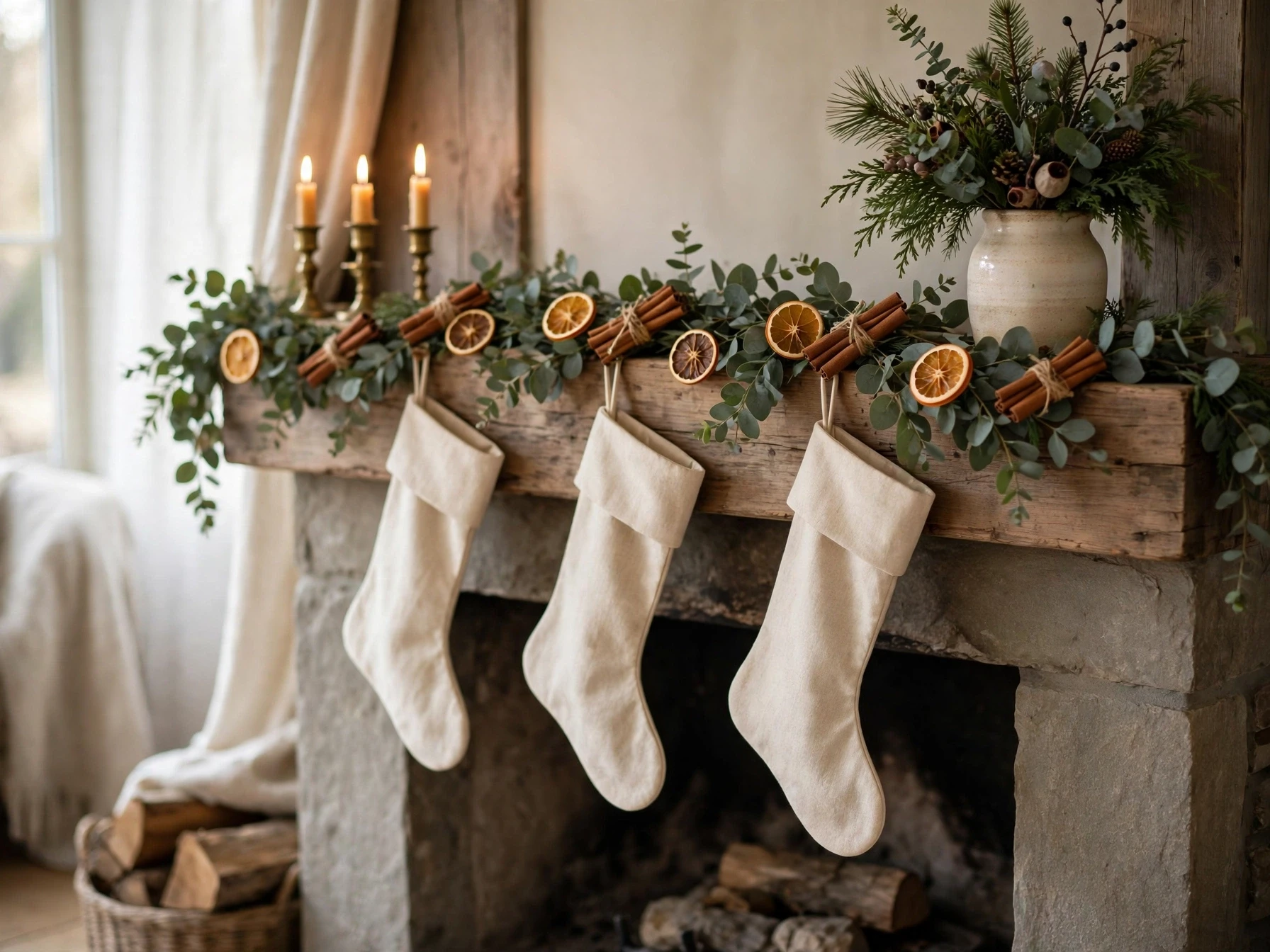 eucalyptus and dried orange garland on a christmas fireplace mantel