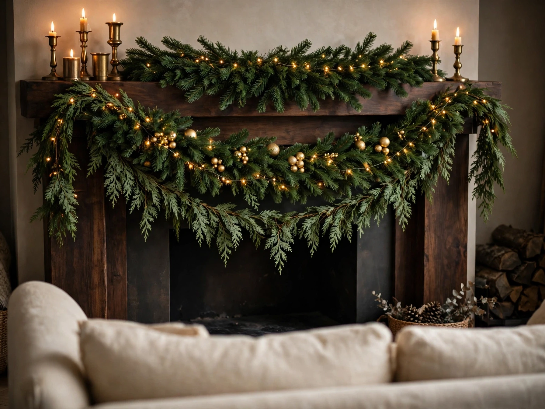 layered double christmas garlands on a dark wood fireplace mantel
