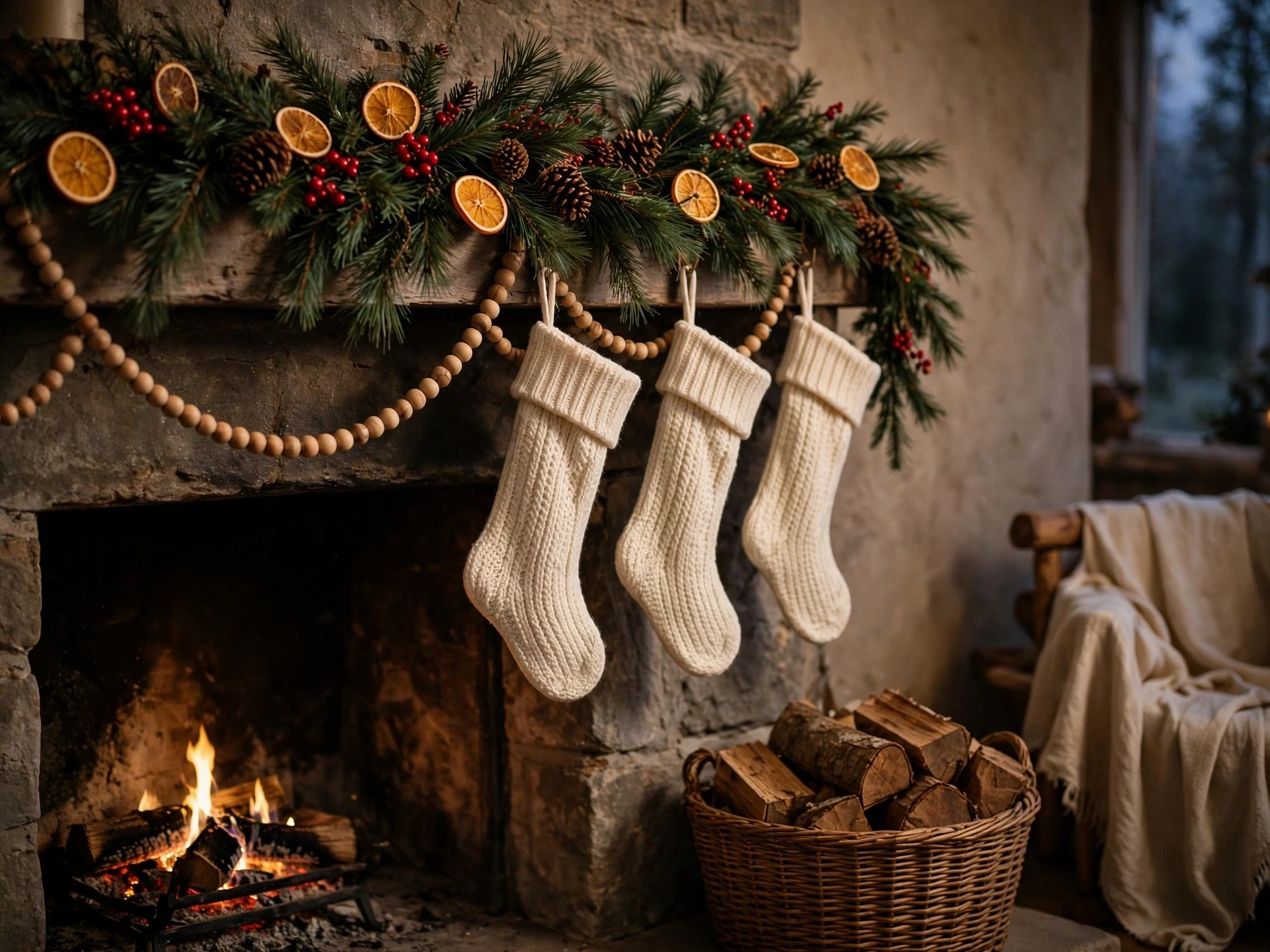 pinecone and red berry christmas garland on a rustic fireplace mantel