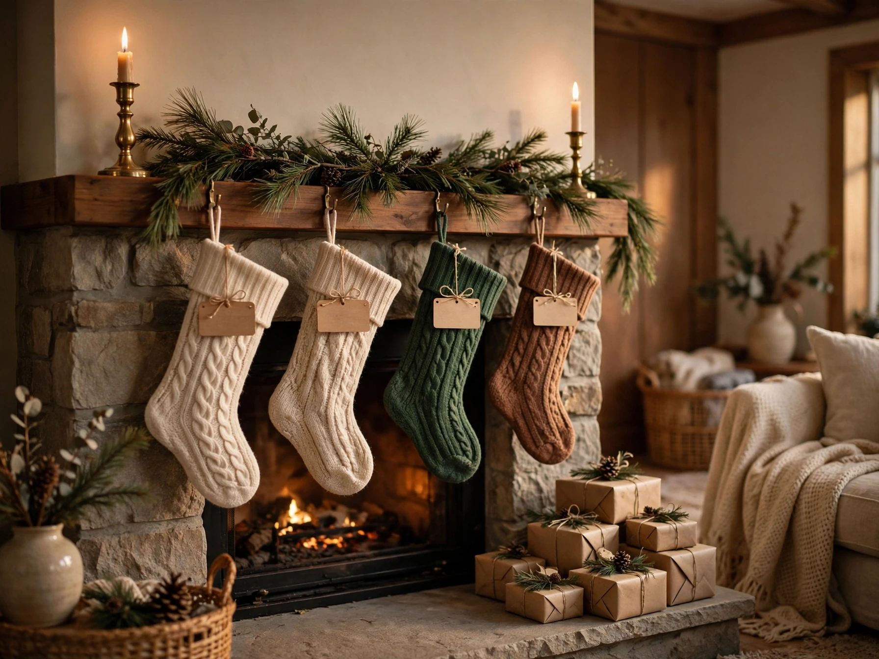 personalized christmas stockings with wooden name tags on a mantel