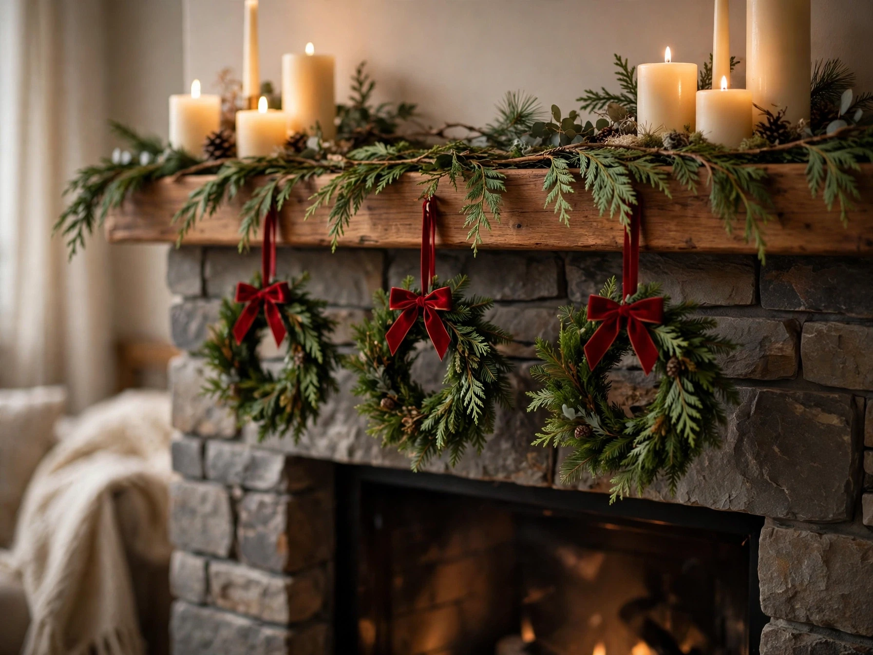 small evergreen mini wreaths with red bows hanging on a christmas mantel