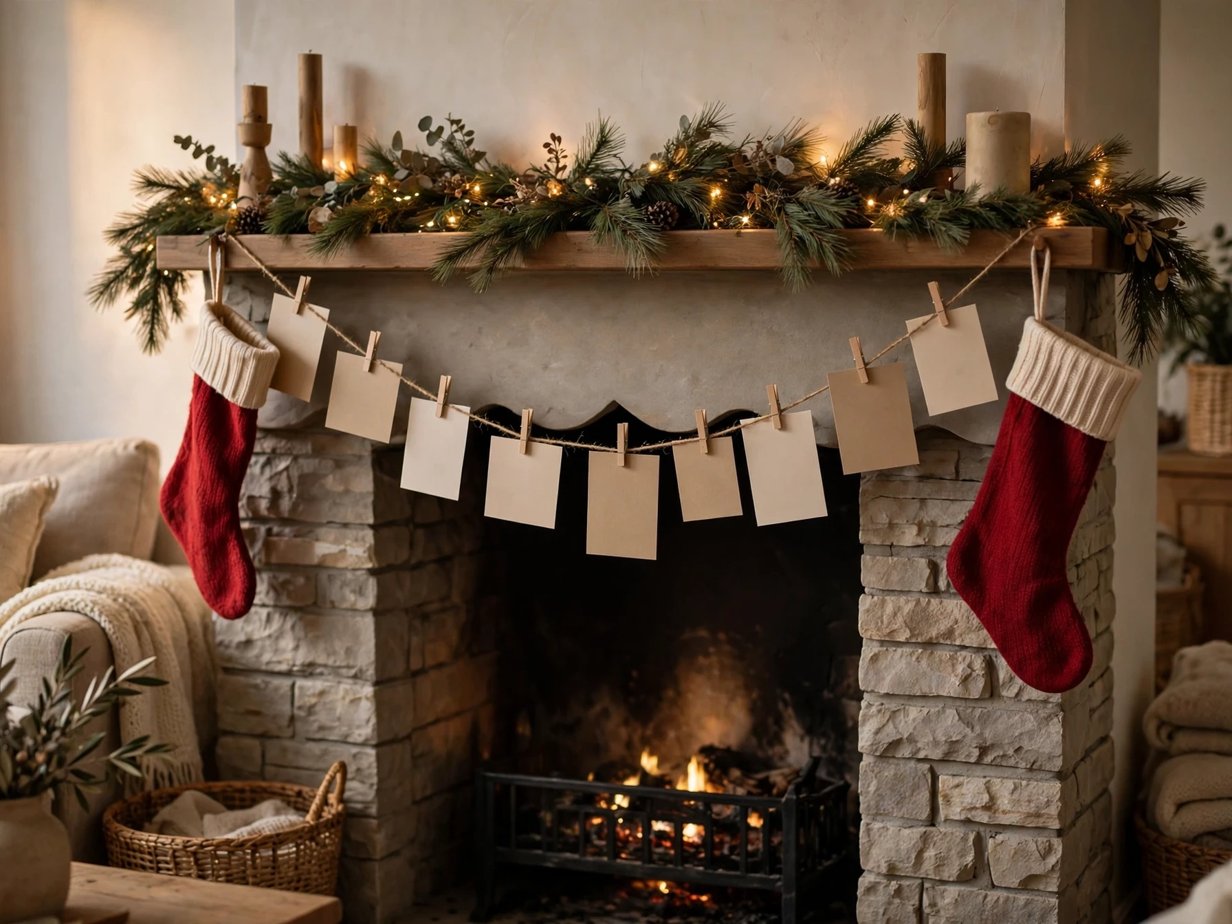 holiday greeting cards clipped on twine across a christmas mantel