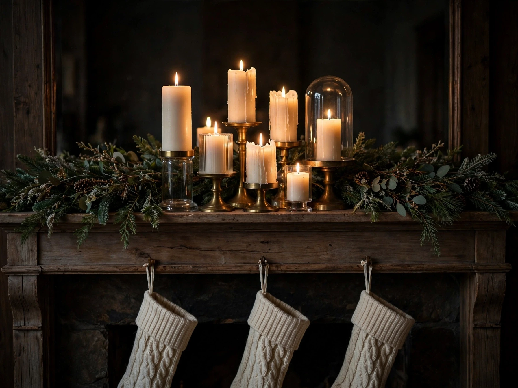 layered pillar candles in brass holders on a christmas mantel