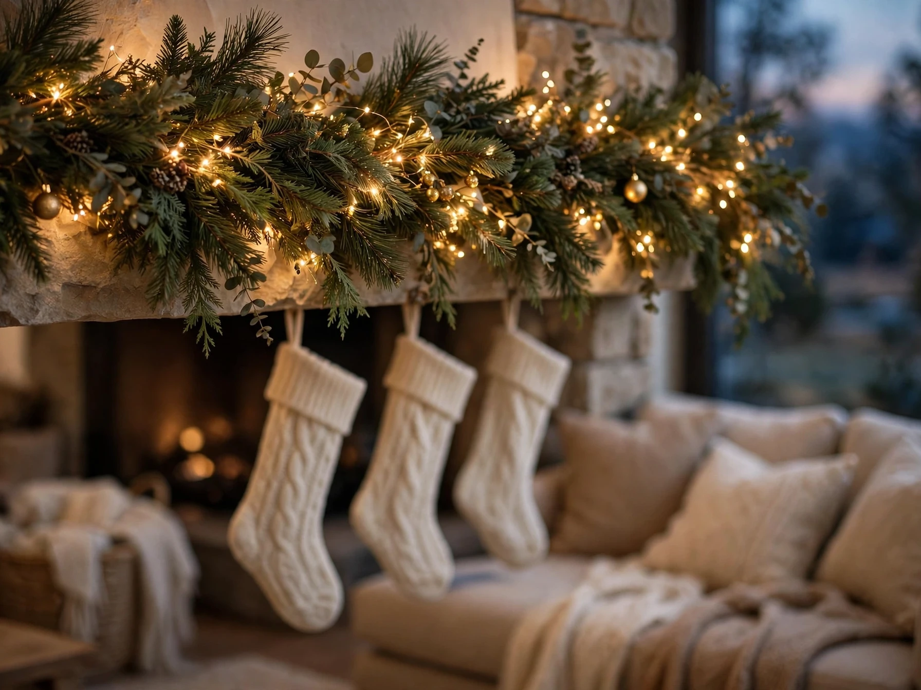 fairy lights woven through a glowing christmas mantel garland at dusk
