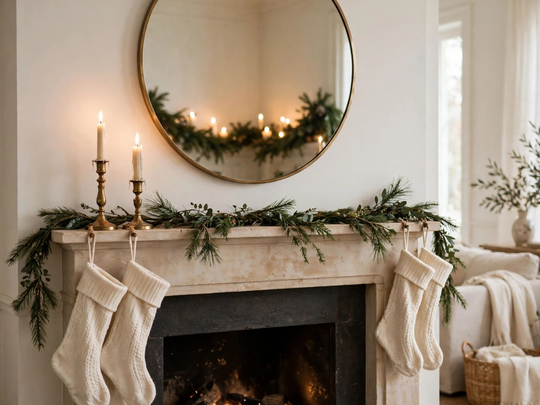 round mirror above a christmas mantel reflecting candles and garland