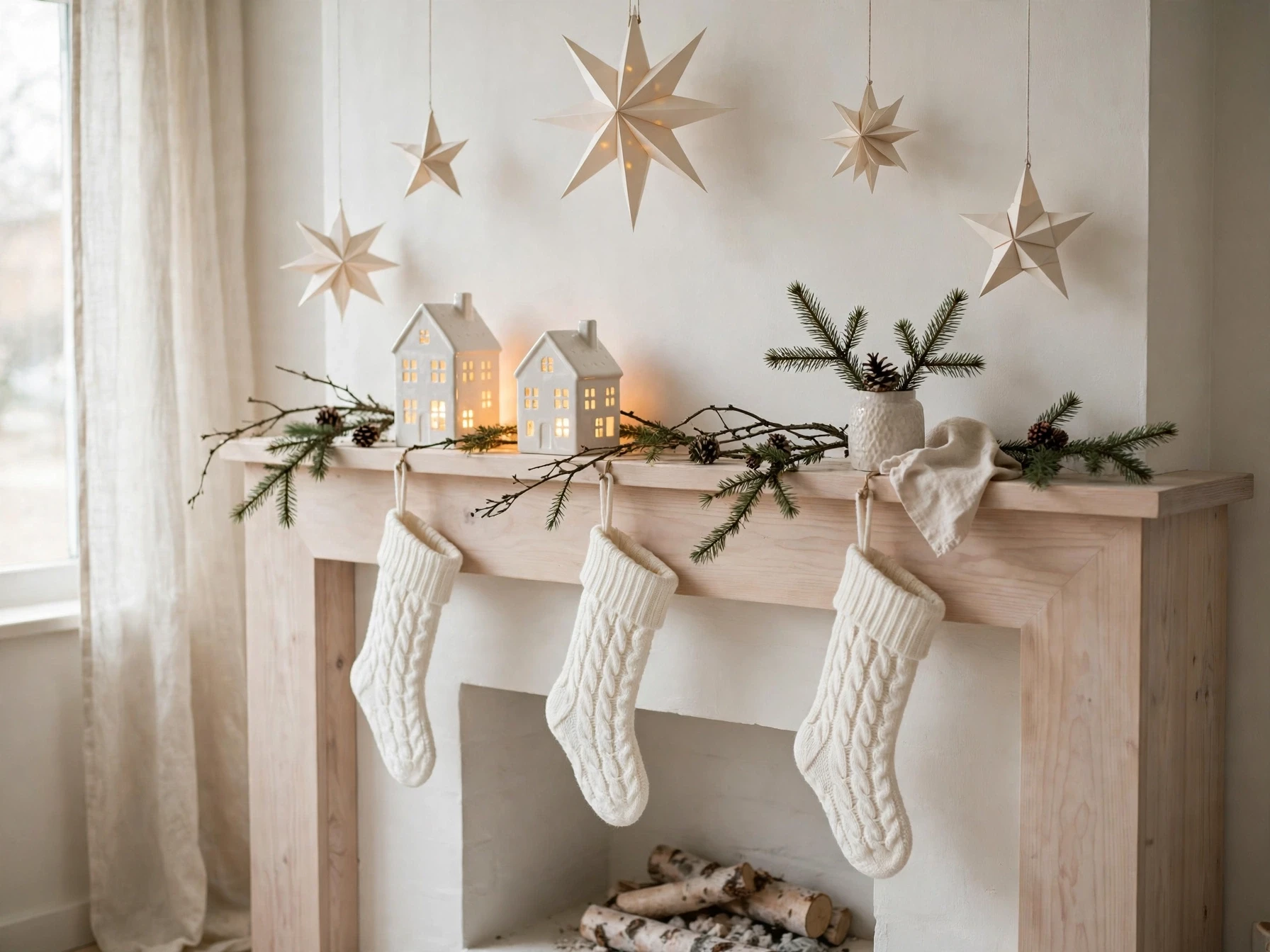 scandinavian white and wood christmas mantel with ceramic houses and paper stars