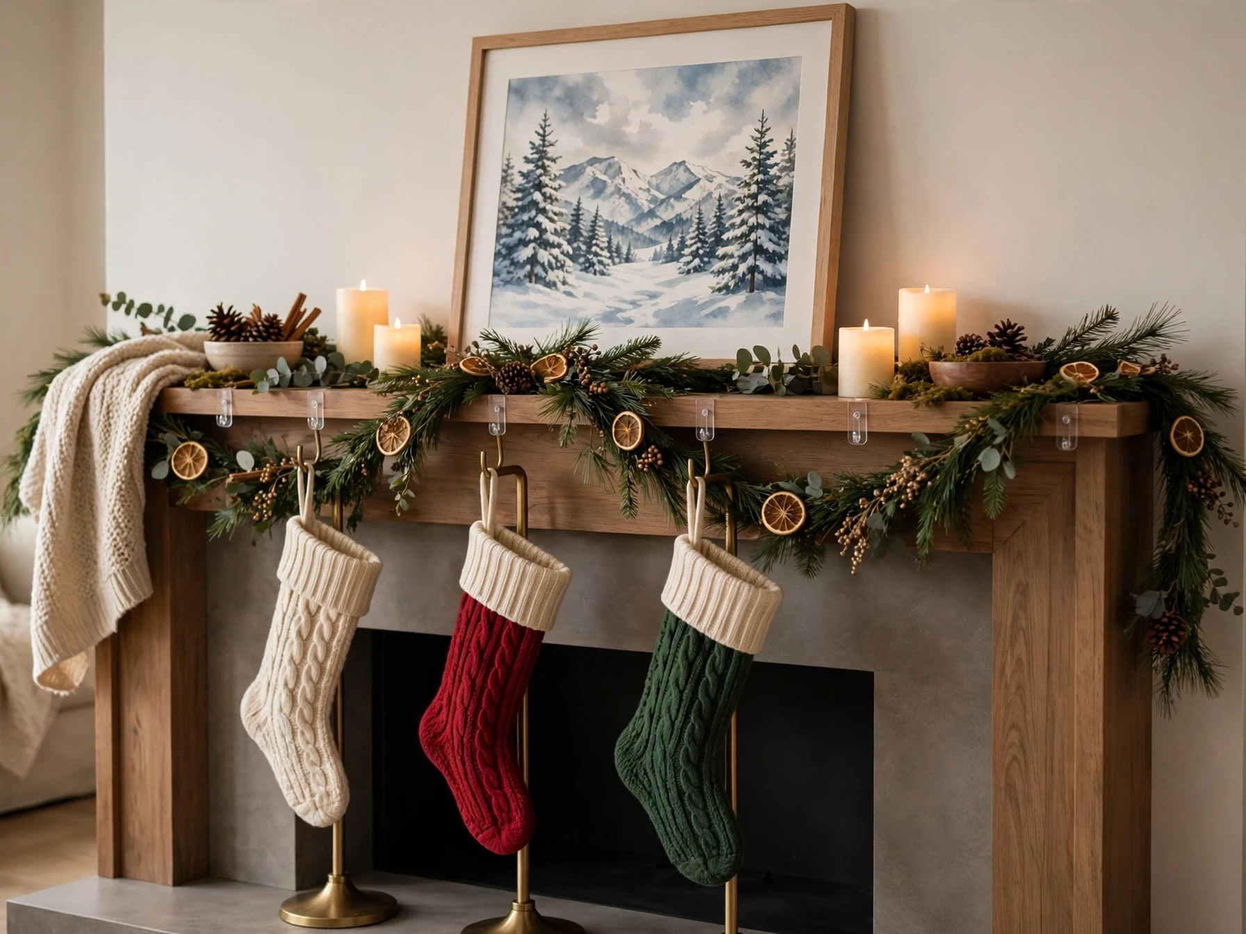 renter friendly christmas mantel with leaning art and removable hooks
