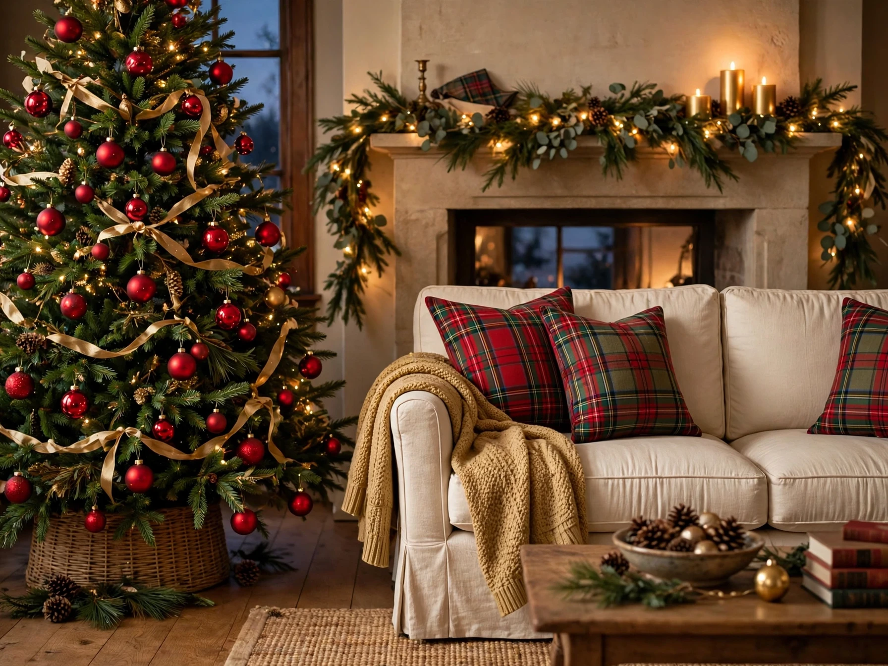 classic christmas decor theme in red green and gold with a tree garland and plaid cushions