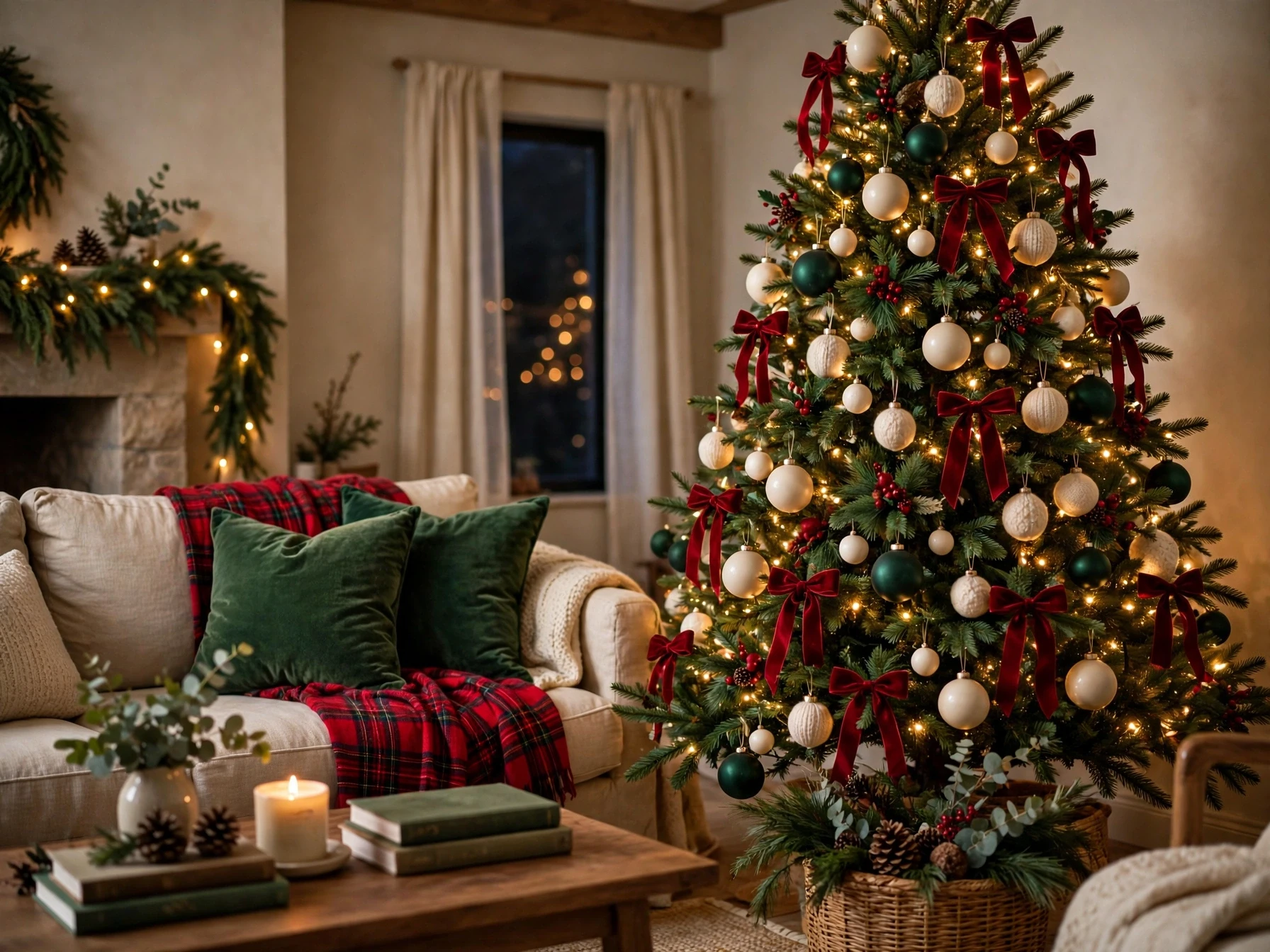 classic red and green christmas tree with cream ornaments red plaid throw and green cushions