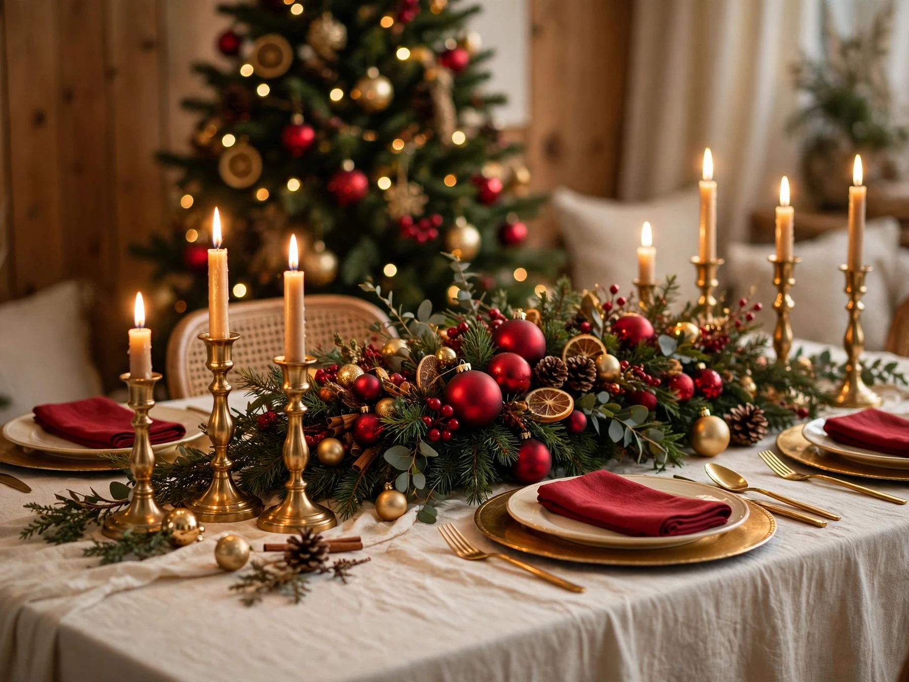 red gold and cream christmas dining table with gold candlesticks and red napkins