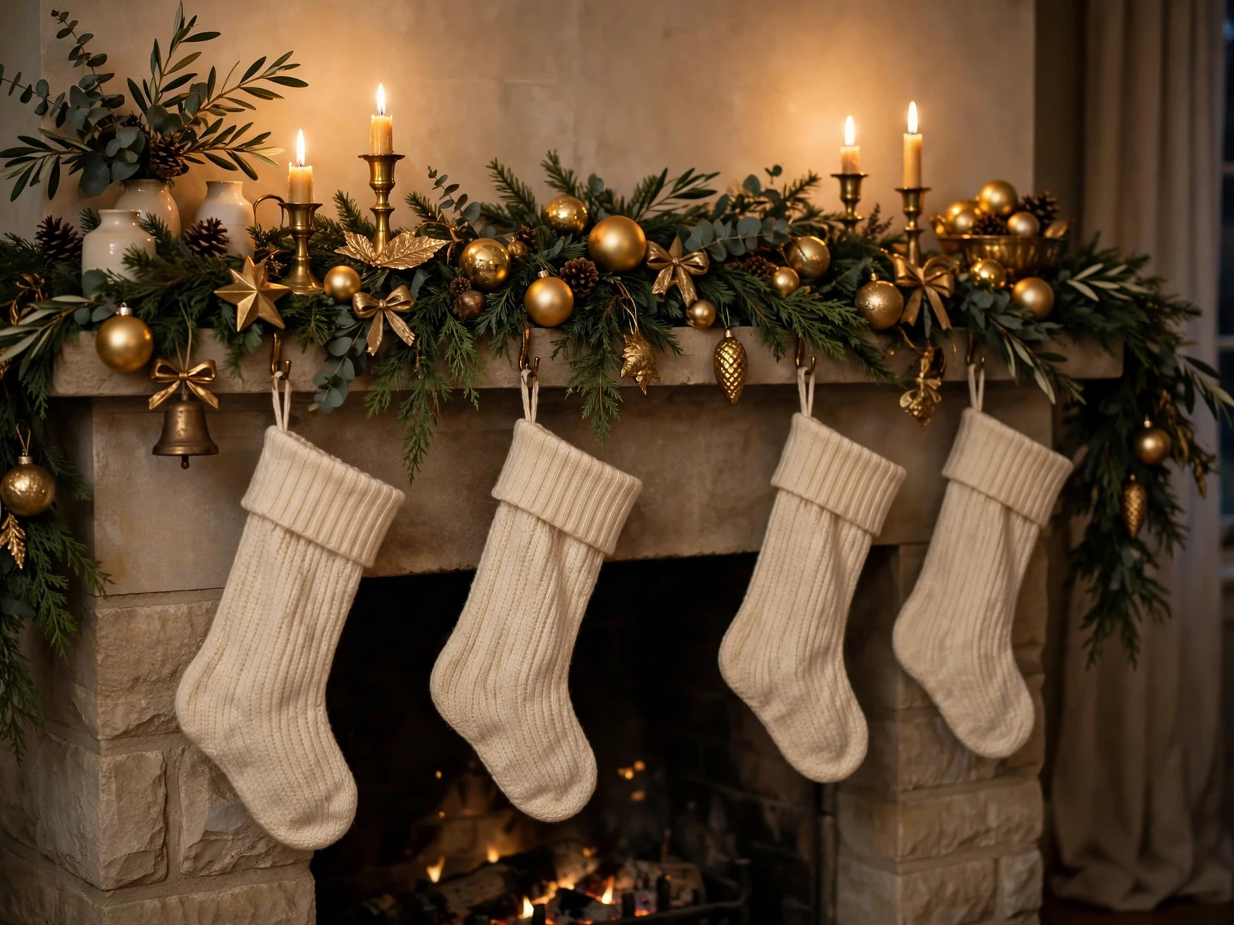 forest green and gold christmas mantel with evergreen garland gold baubles and brass candles