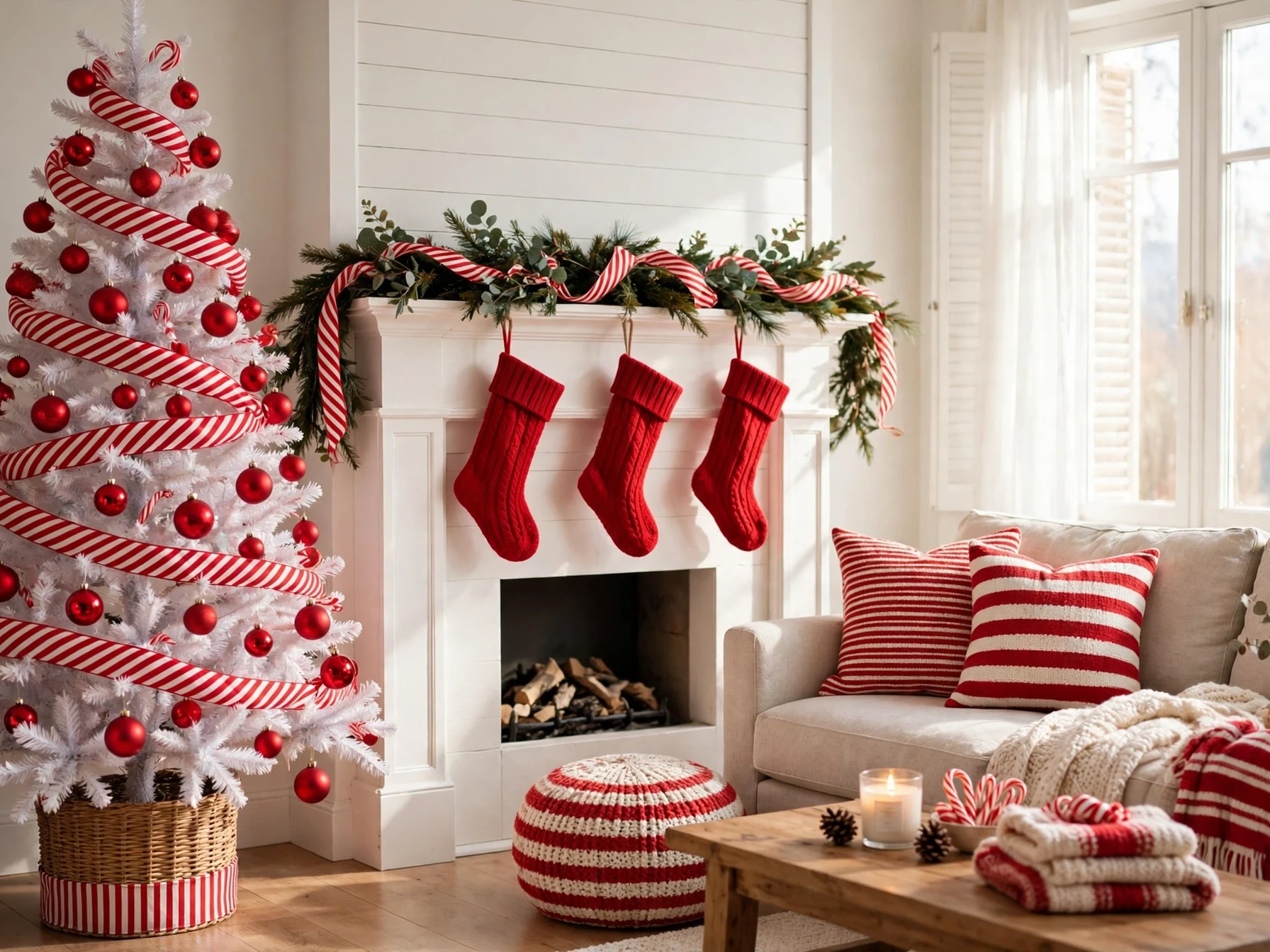 candy cane red and white christmas living room with white tree red baubles and striped cushions
