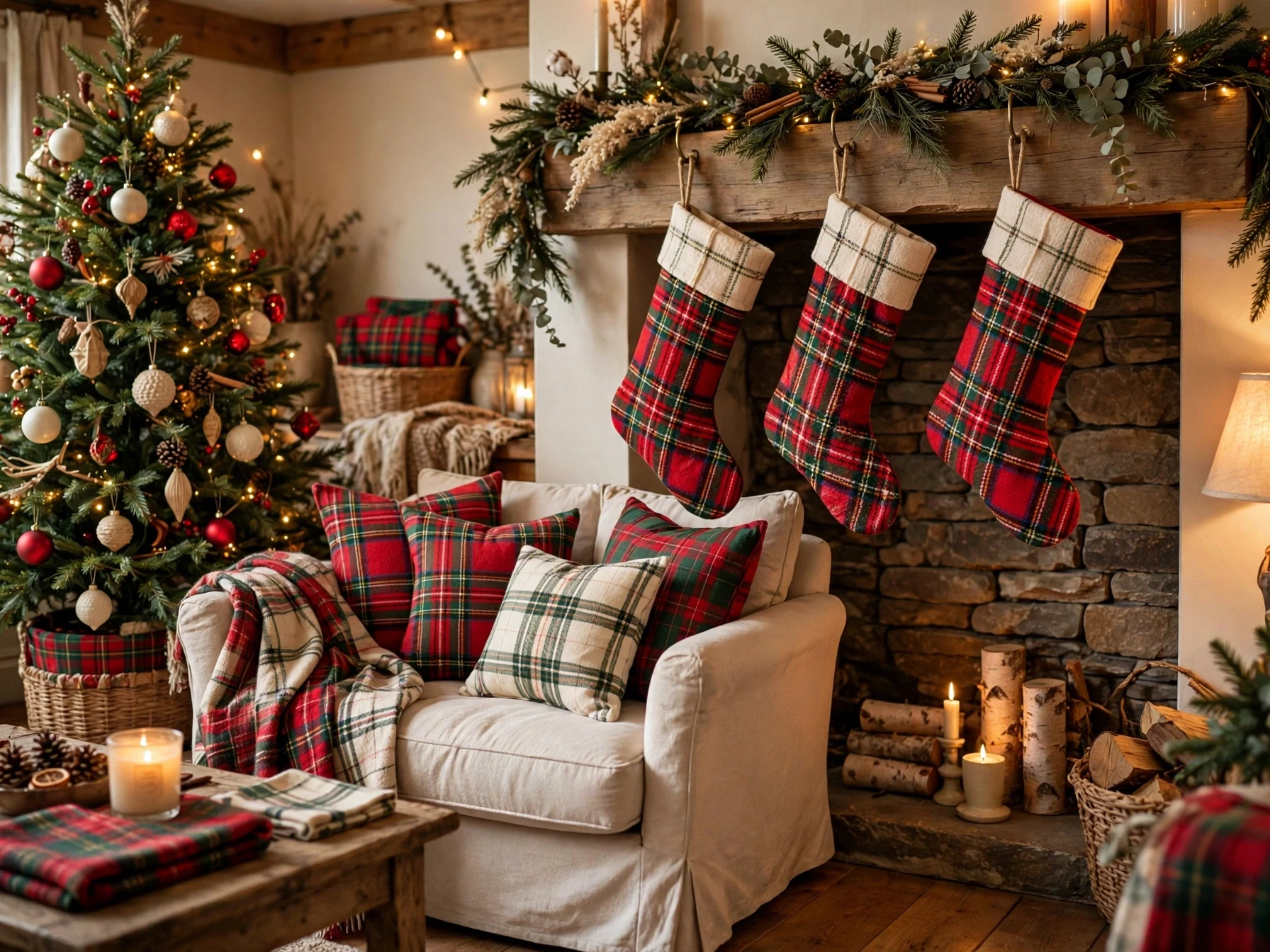tartan plaid christmas living room with red green and cream throws cushions and stockings