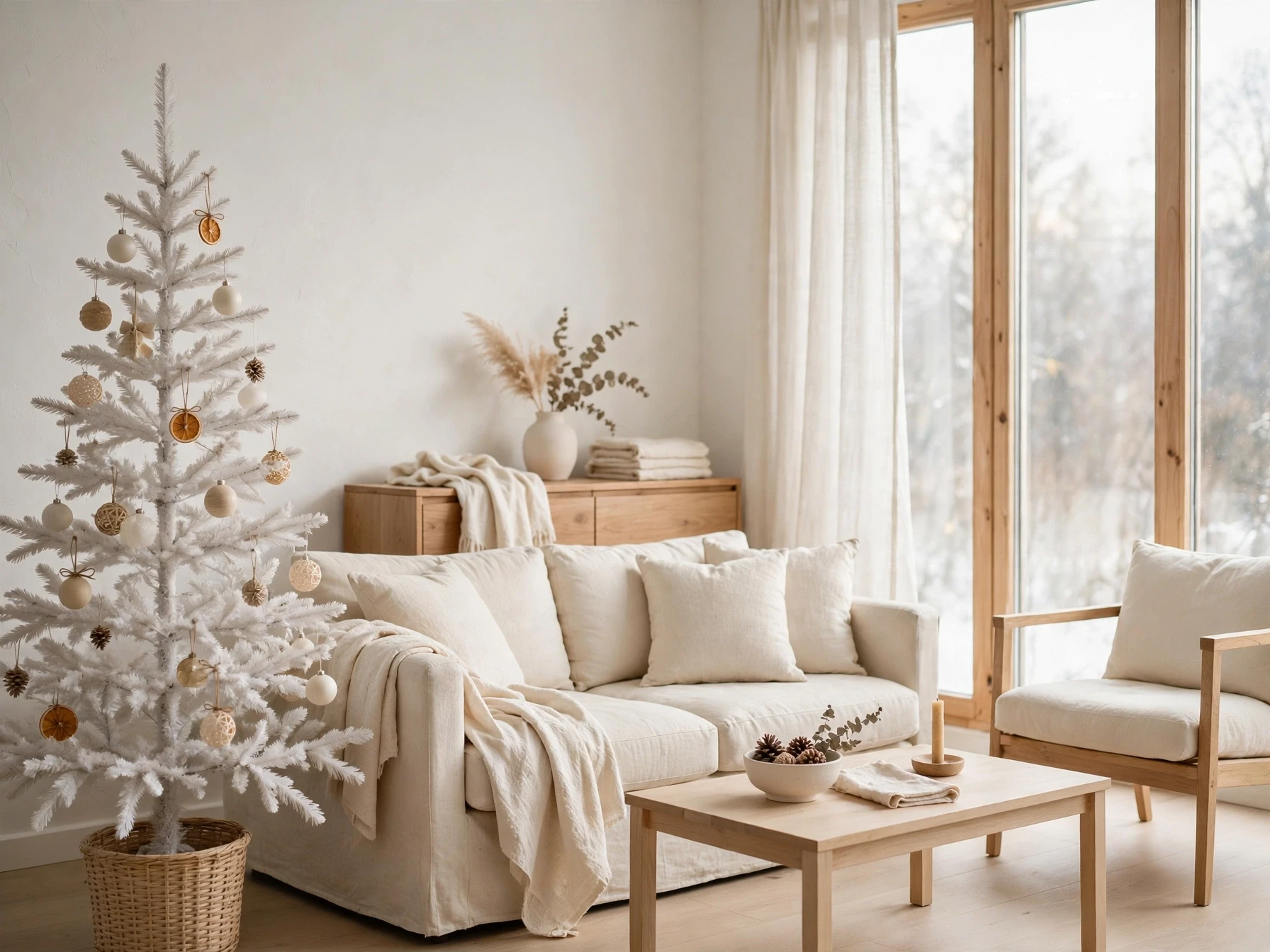 all white christmas living room with natural wood accents sparse tree and cream linen sofa