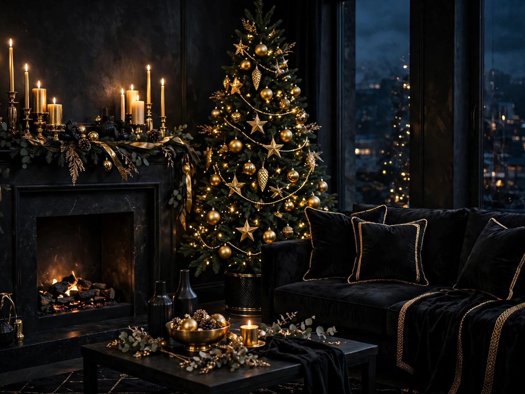 black and gold christmas living room with gold ornaments black velvet cushions and gold candles