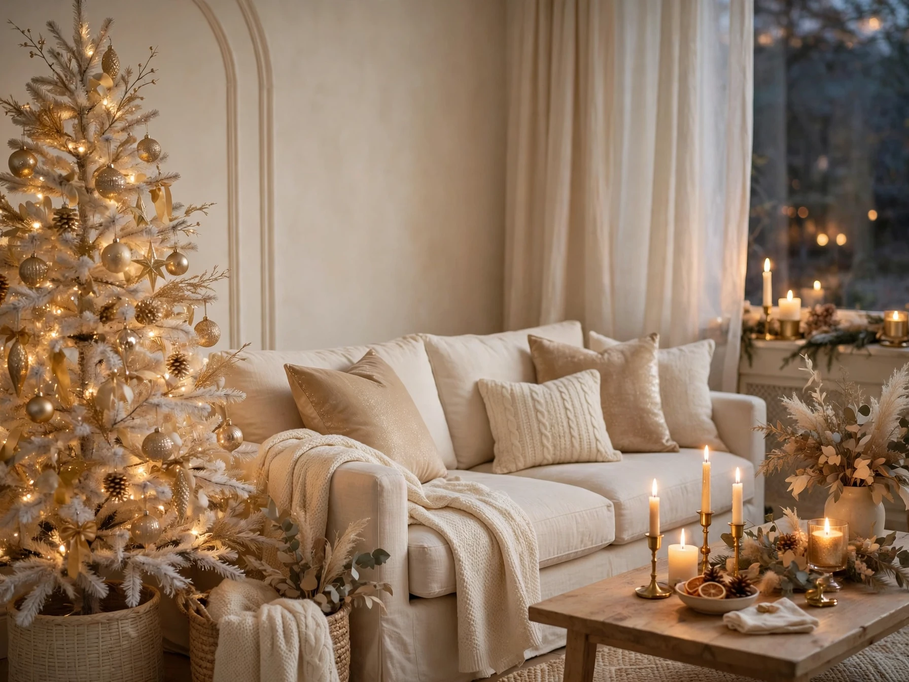 cream and champagne christmas living room with champagne gold ornaments and soft candlelight