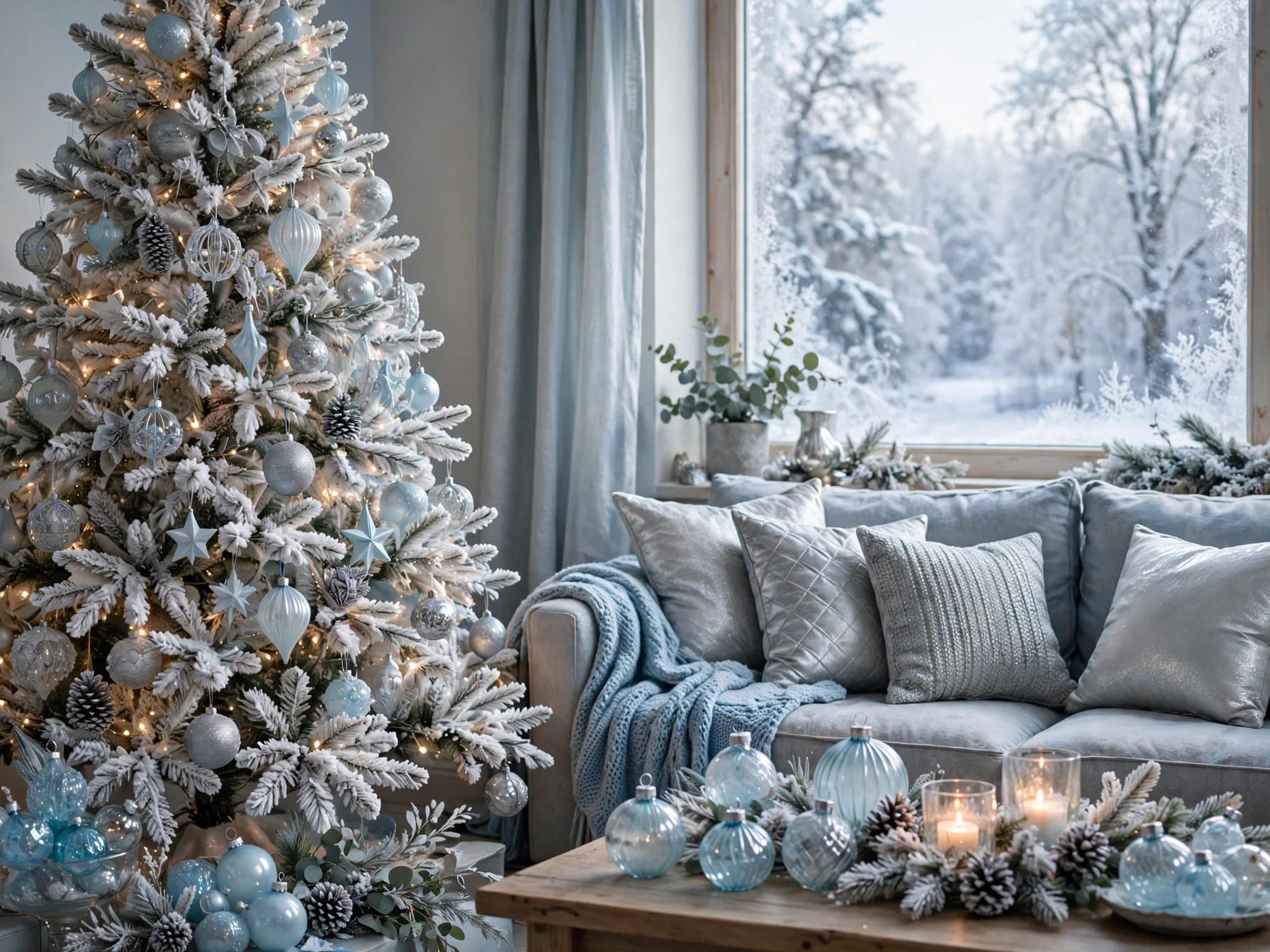 frosted silver and ice blue christmas living room with flocked tree silver and blue ornaments