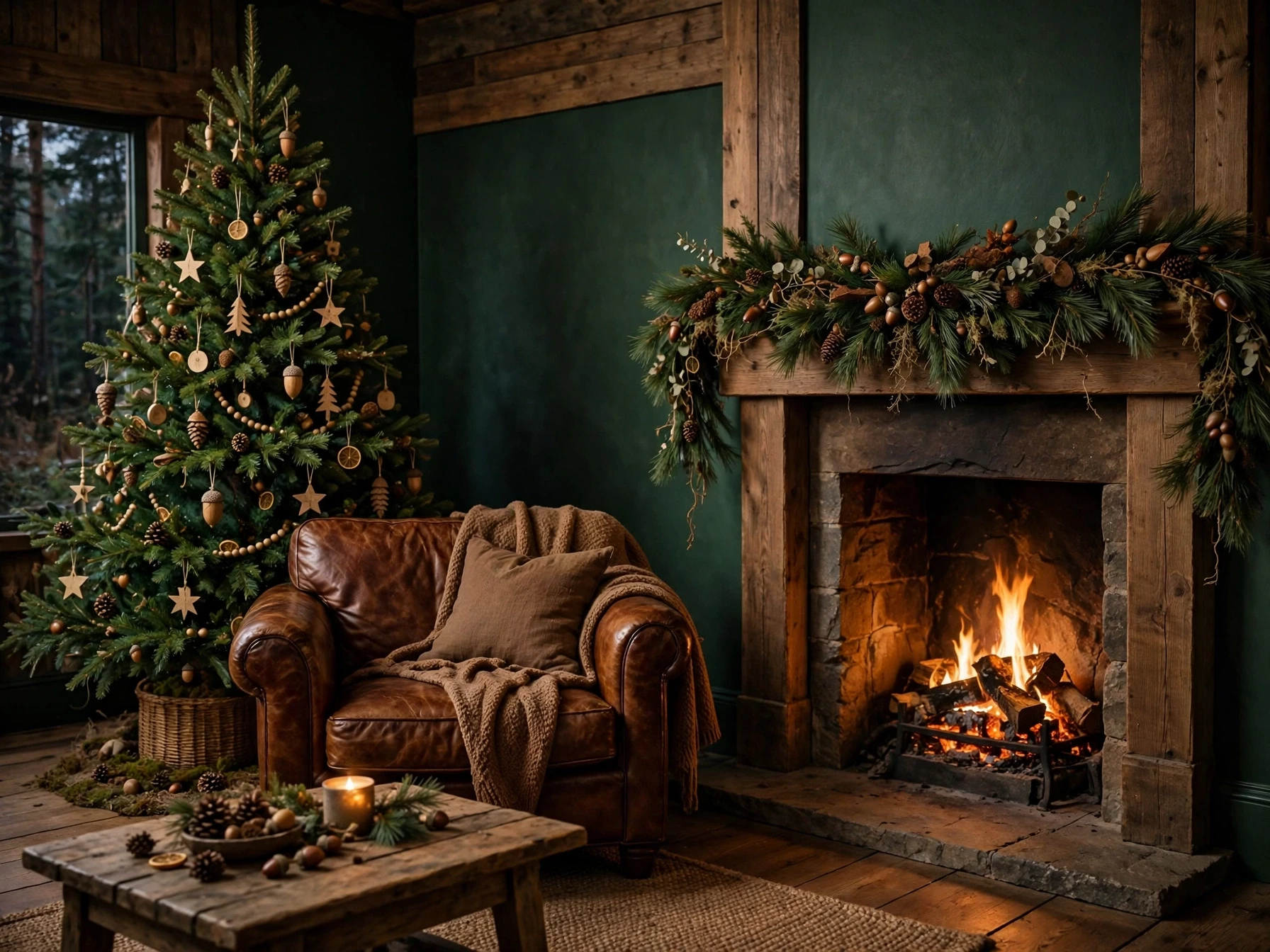 woodland green and brown christmas living room with wooden ornaments pinecones and leather sofa