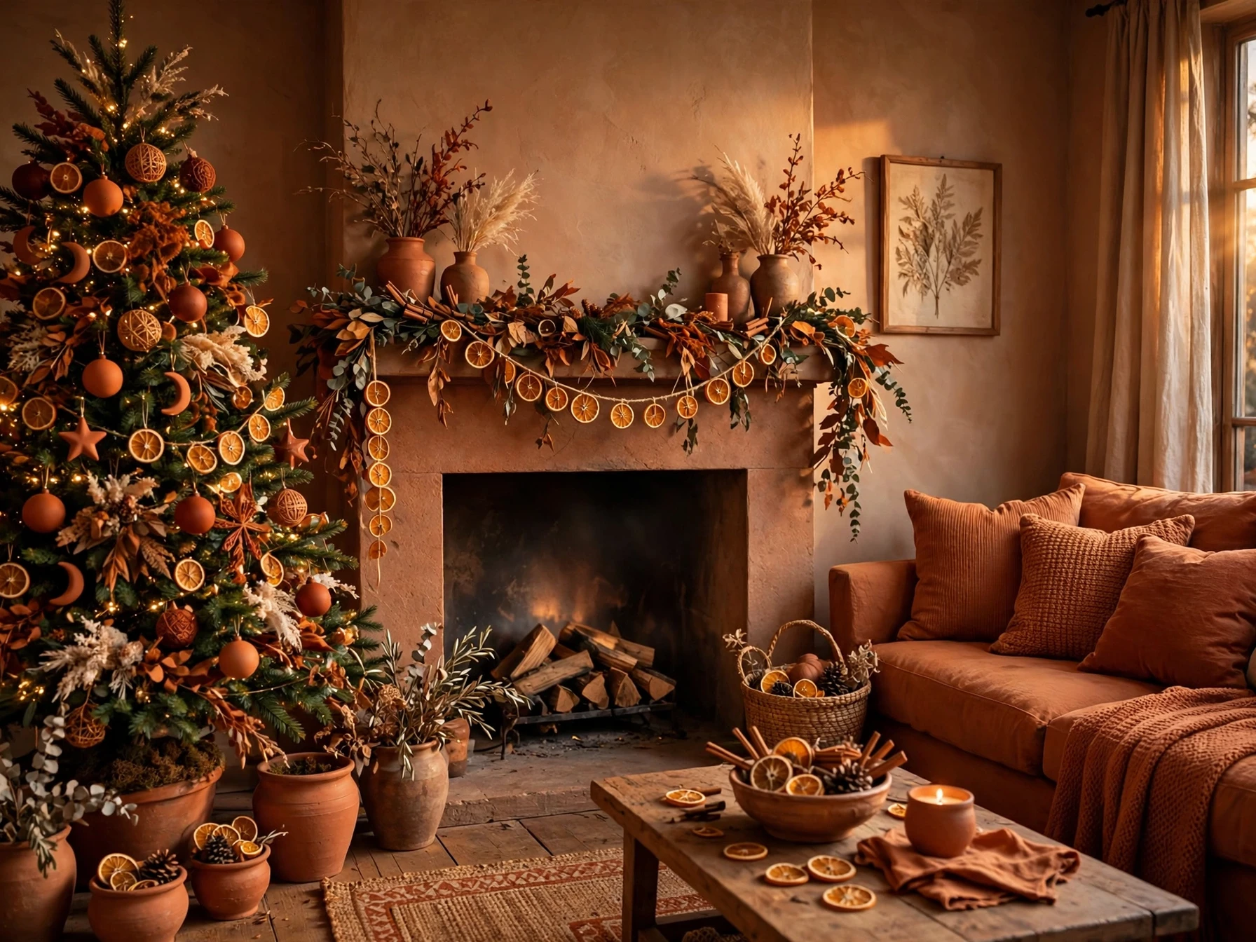 rust and terracotta christmas living room with terracotta ornaments dried orange garland and clay cushions