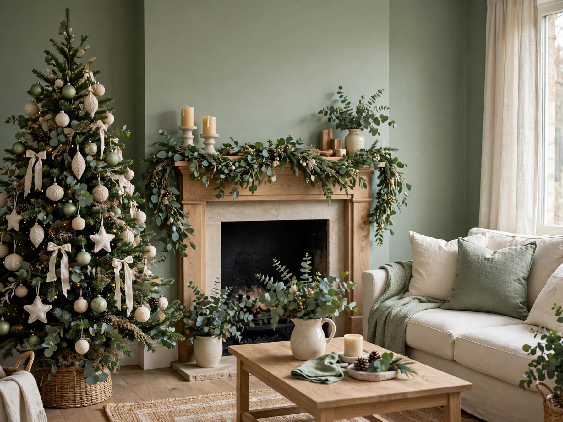 eucalyptus sage green and cream christmas living room with eucalyptus garland and cream sofa