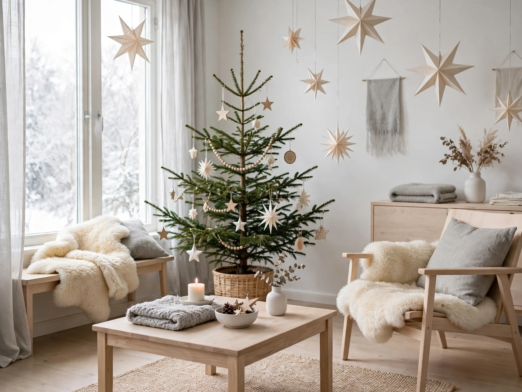 nordic white wood and grey christmas living room with paper stars sparse tree and sheepskin throw