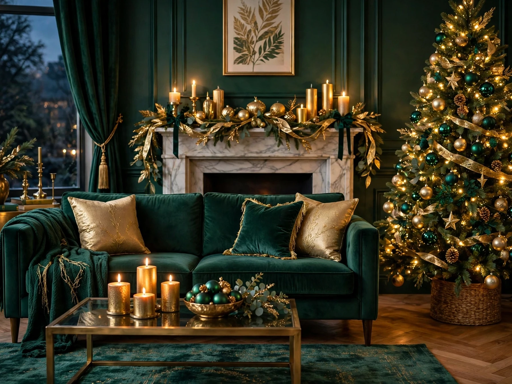 emerald green and gold christmas living room with emerald velvet sofa and gold baubles