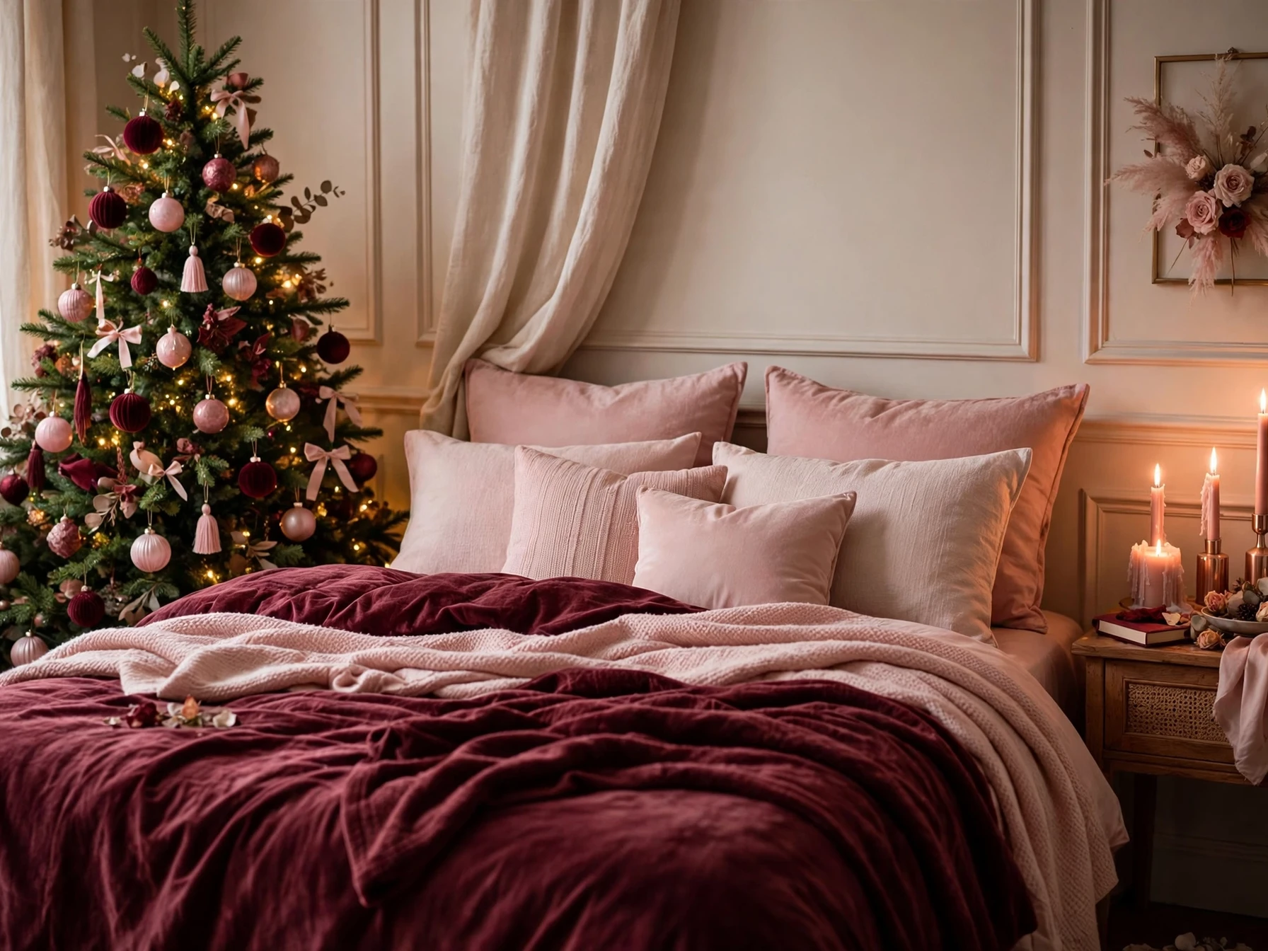 burgundy and blush christmas bedroom with burgundy velvet bedding blush ornaments and rose gold candles