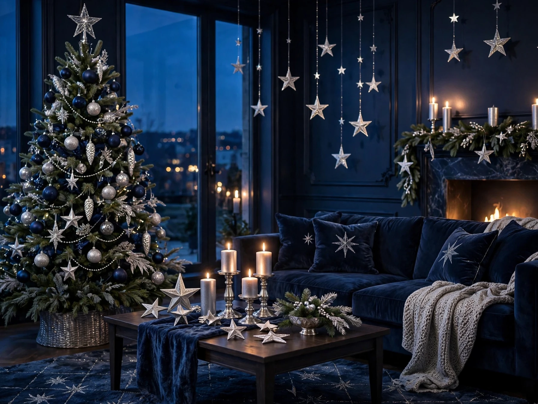 midnight blue and silver christmas living room with navy ornaments silver stars and navy velvet sofa