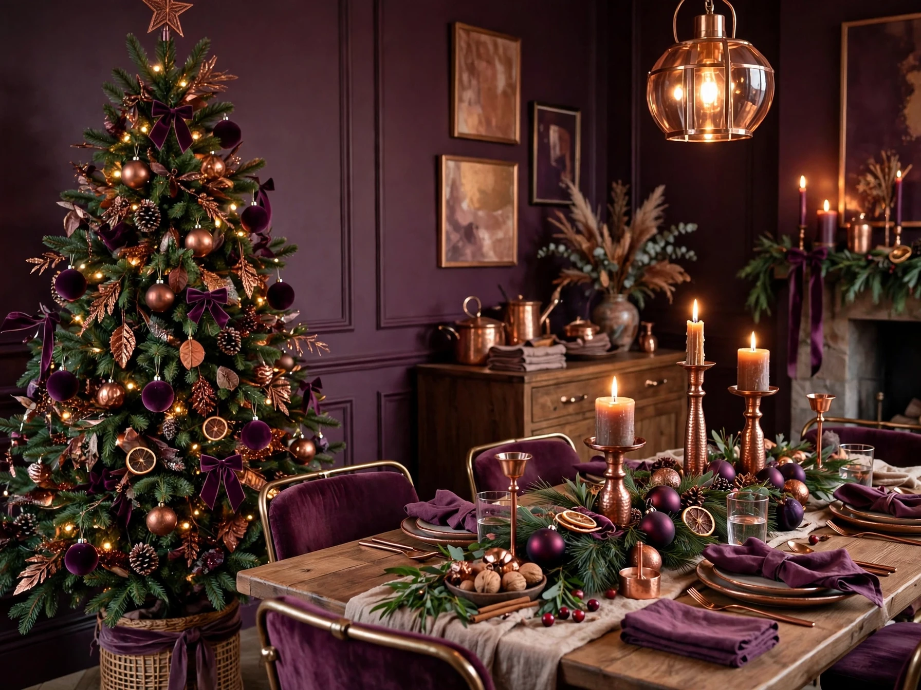 plum and copper christmas dining room with plum ornaments copper candlesticks and plum napkins