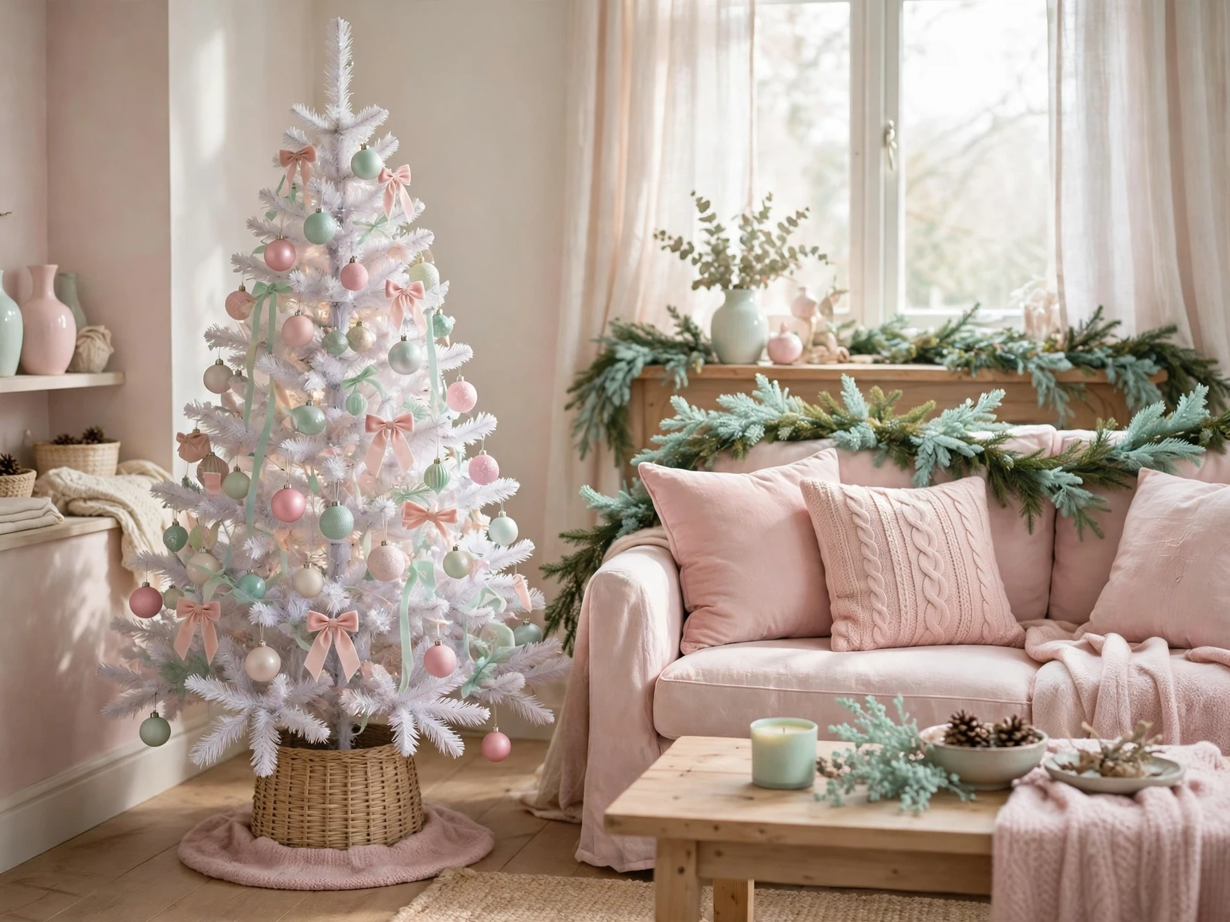 pastel pink and mint christmas living room with white tree pink and mint ornaments and blush cushions