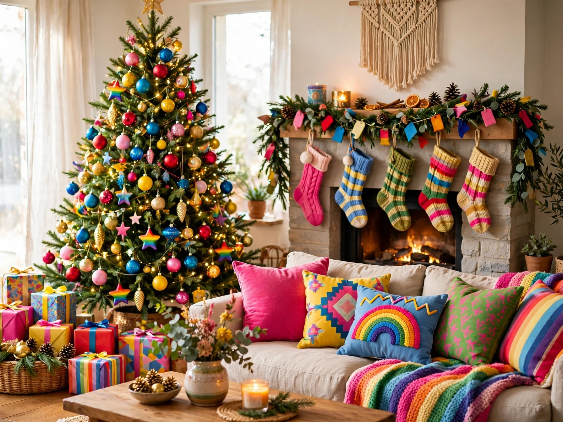 rainbow bright christmas living room with multicolored ornaments colorful cushions and stockings