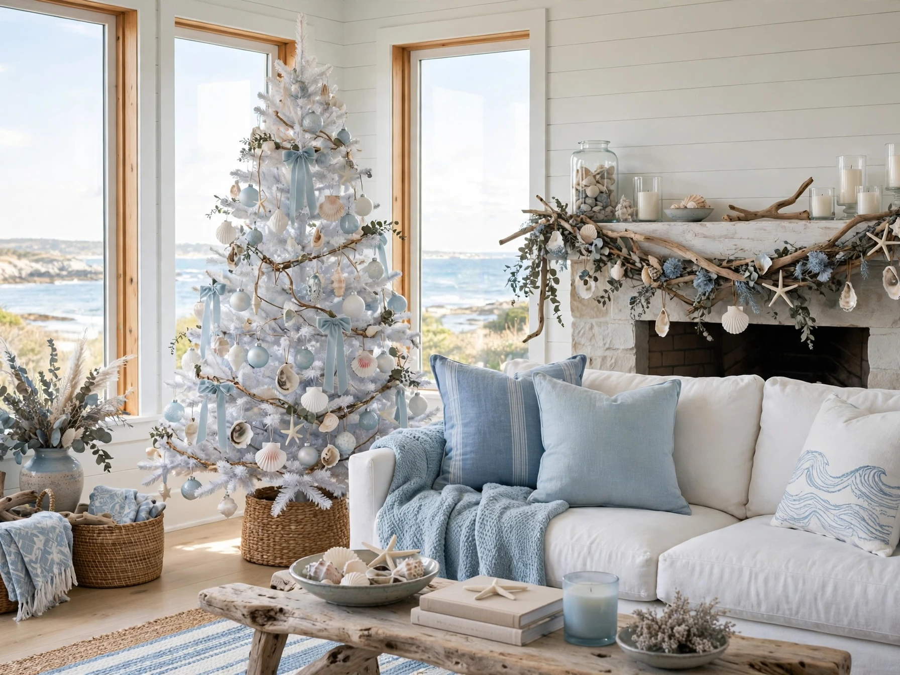 coastal blue and white christmas living room with white tree pale blue ornaments and driftwood garland
