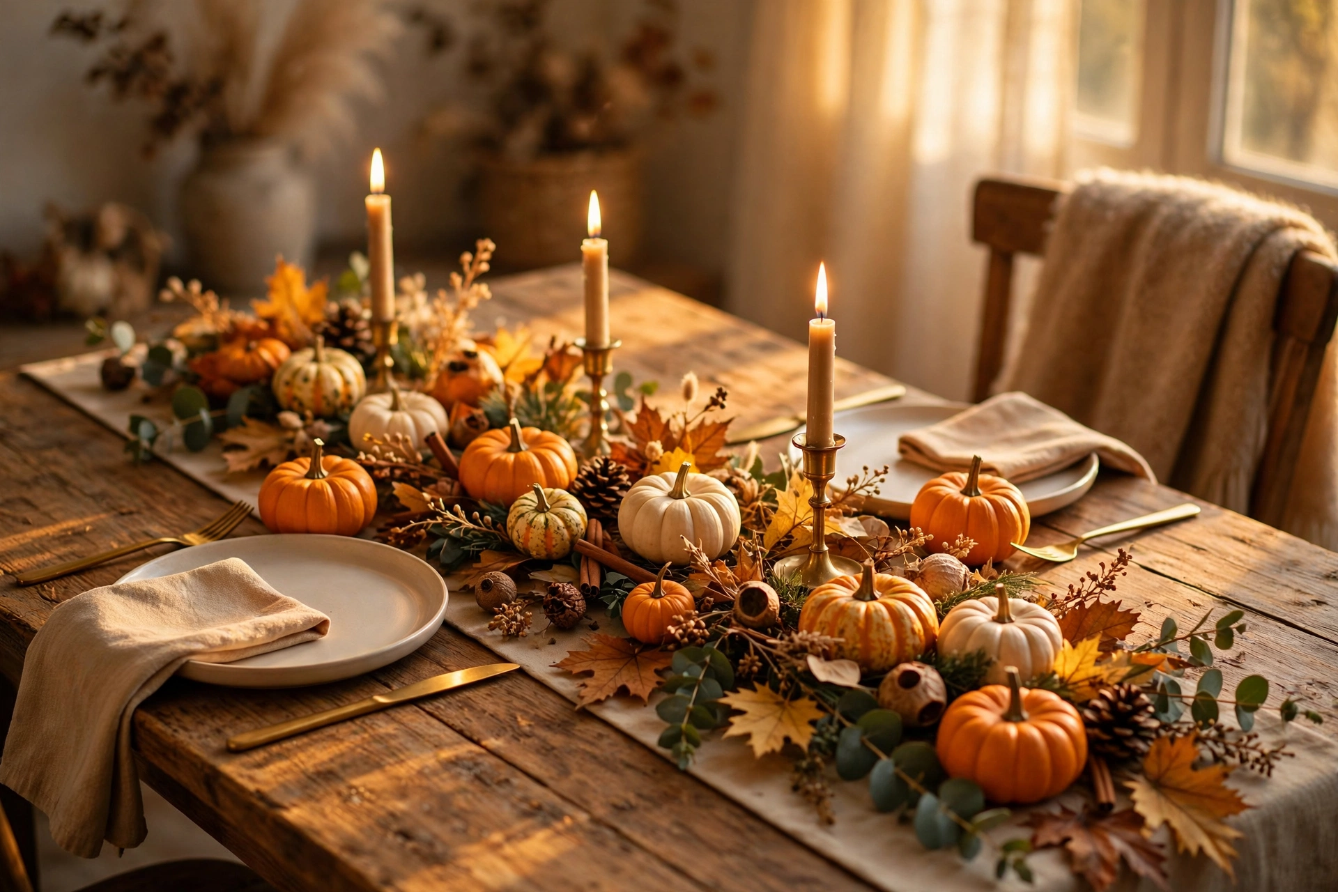 mini pumpkin table runner and place settings for fall