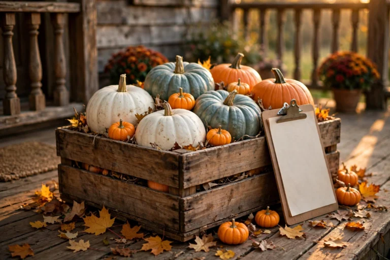 pumpkin home decor checklist with mixed pumpkins