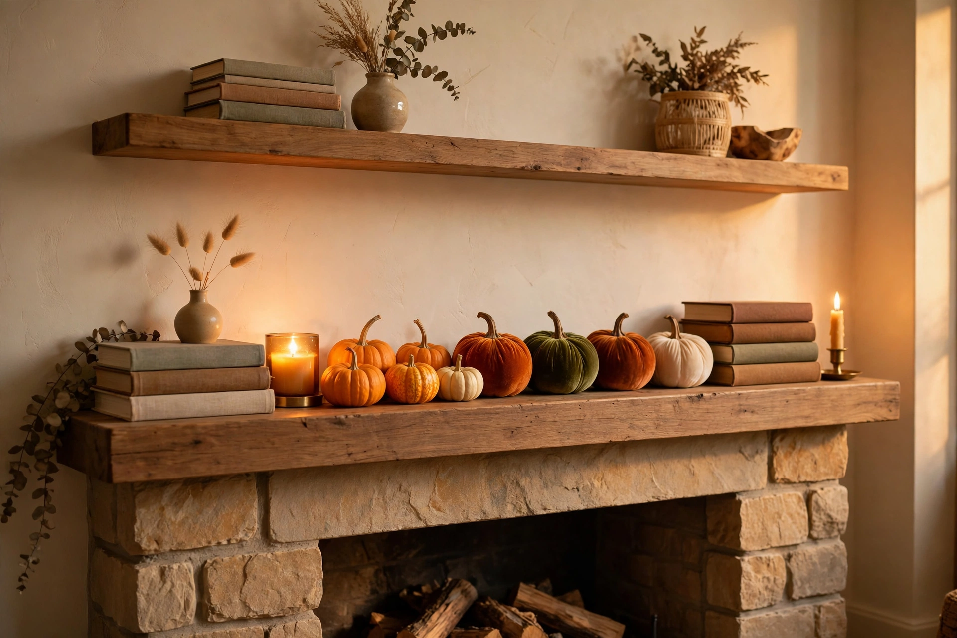 mini pumpkins styled on a mantel and shelves