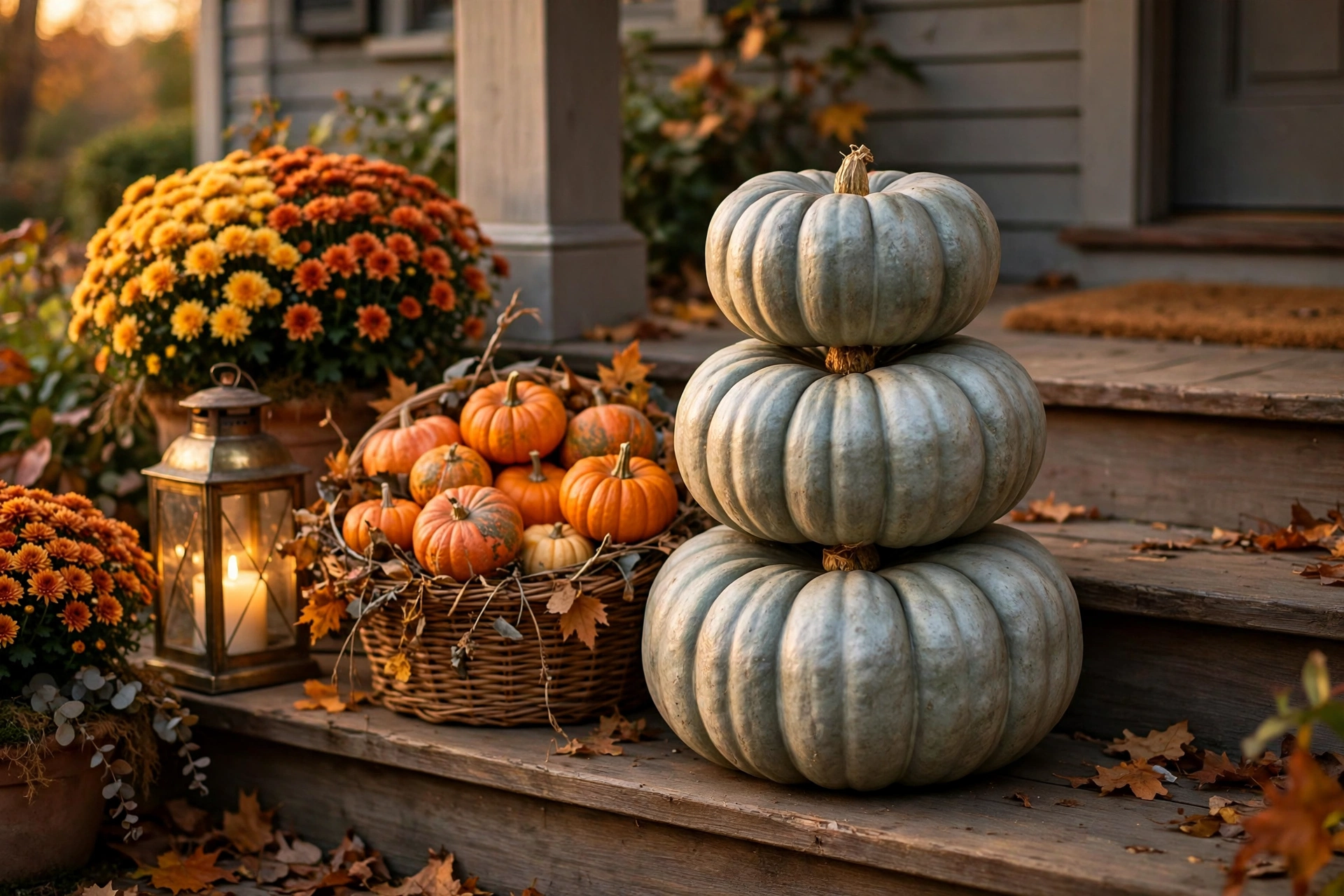 pumpkin porch display with a three-tier stack and lantern