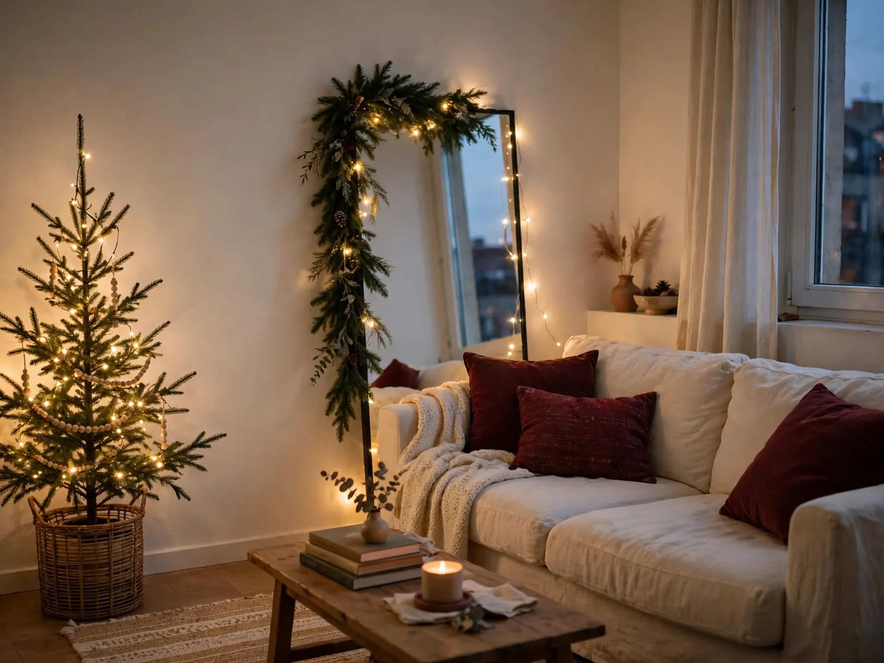 cozy renter friendly christmas decor in a small apartment living room with a pencil tree and fairy lights, no wall damage