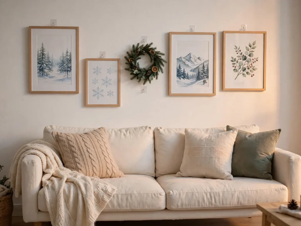 renter friendly christmas gallery wall with lightweight frames hung on removable adhesive hooks above a sofa