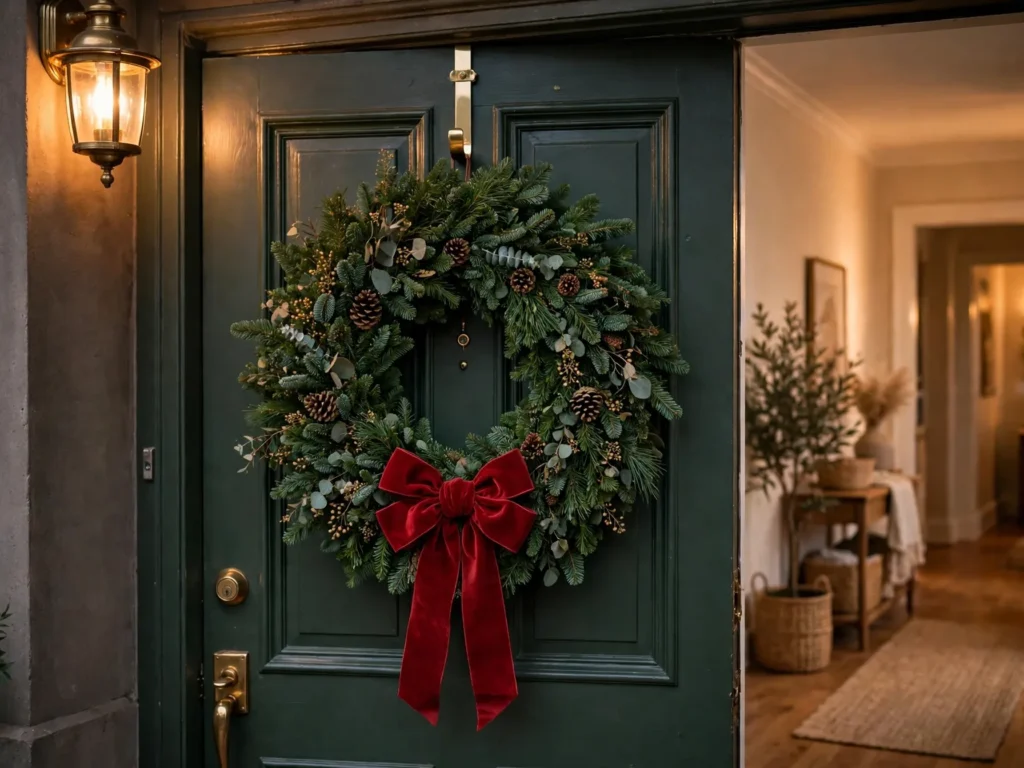 christmas wreath hanging on an apartment front door with a brass over-door hanger